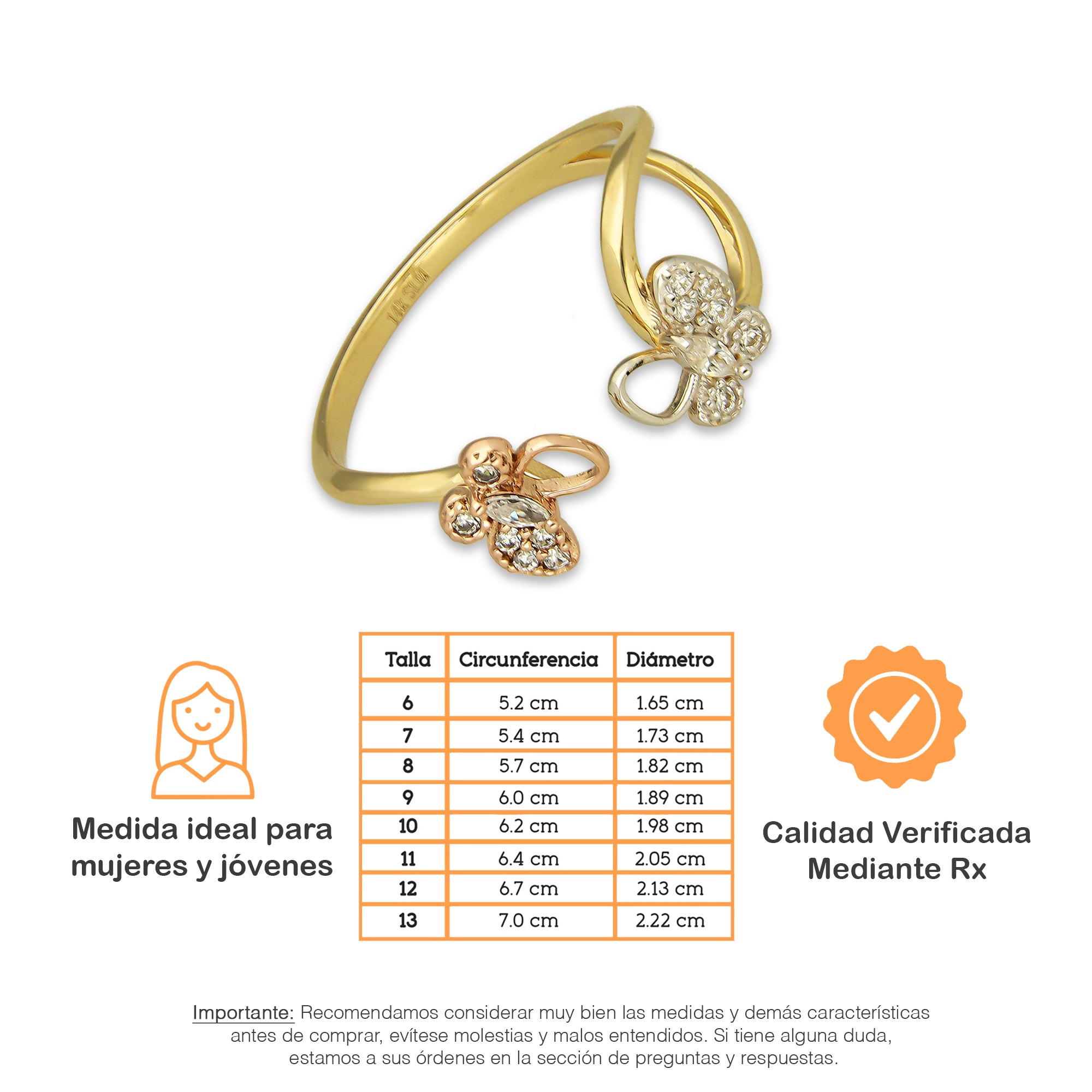 MR14AD033 Anillo Dama Oro Sólido 14K Modelo Onda 2 Mariposas Rosa y Blanca con Zirconias
