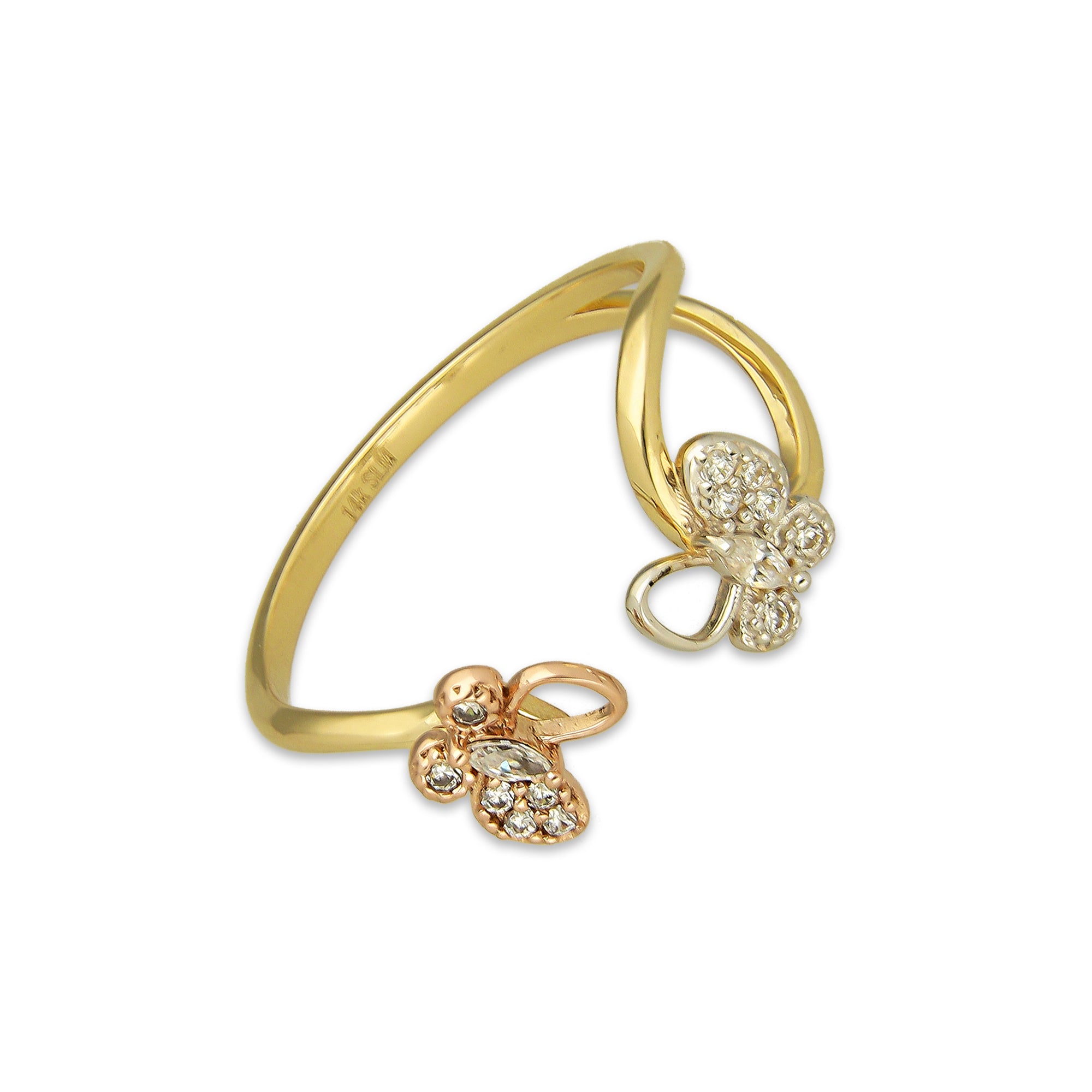 MR14AD033 Anillo Dama Oro Sólido 14K Modelo Onda 2 Mariposas Rosa y Blanca con Zirconias