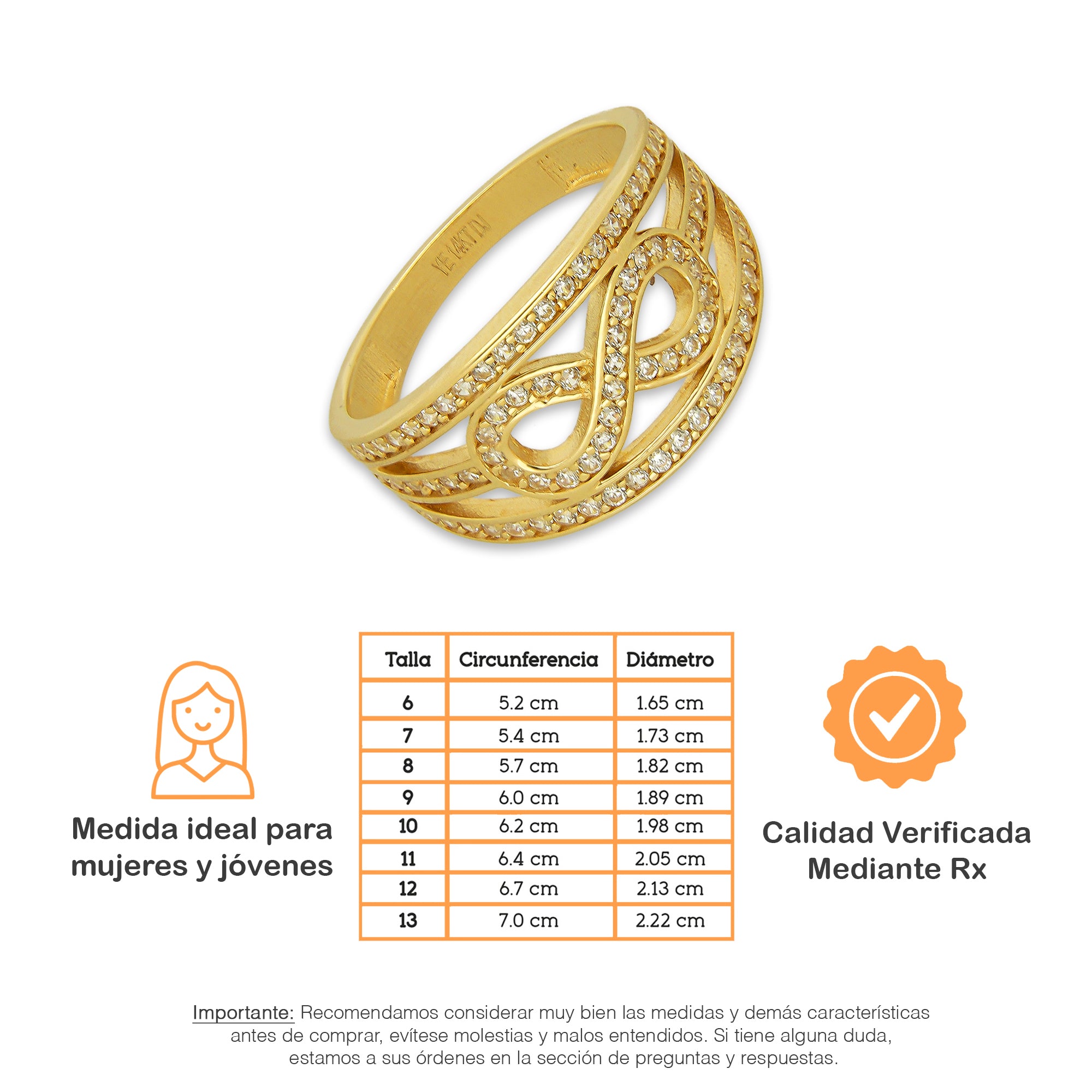 MR14AD037 Anillo Dama Oro Sólido 14K Modelo Infinito 3 Lineas con Zirconias