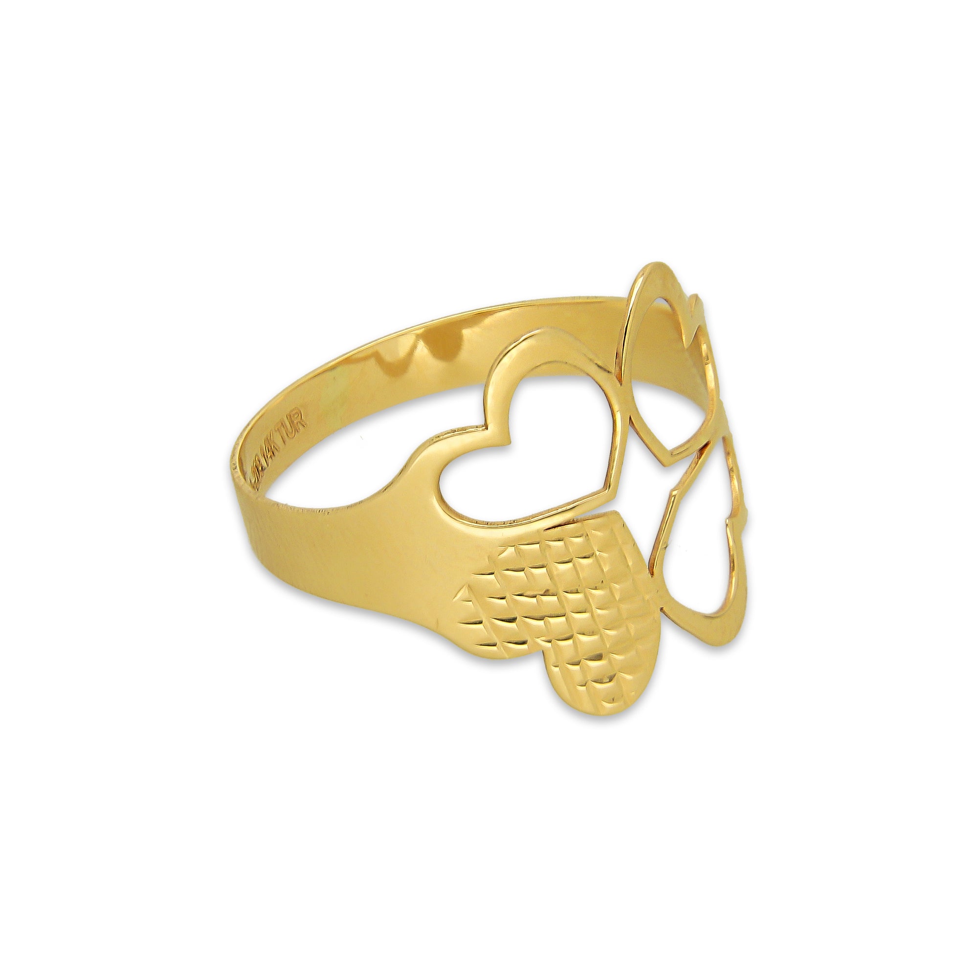 MR14AD040 Anillo Dama Oro Sólido 14K Modelo Trébol 4 Corazones 3 Calados 1 Diamantado