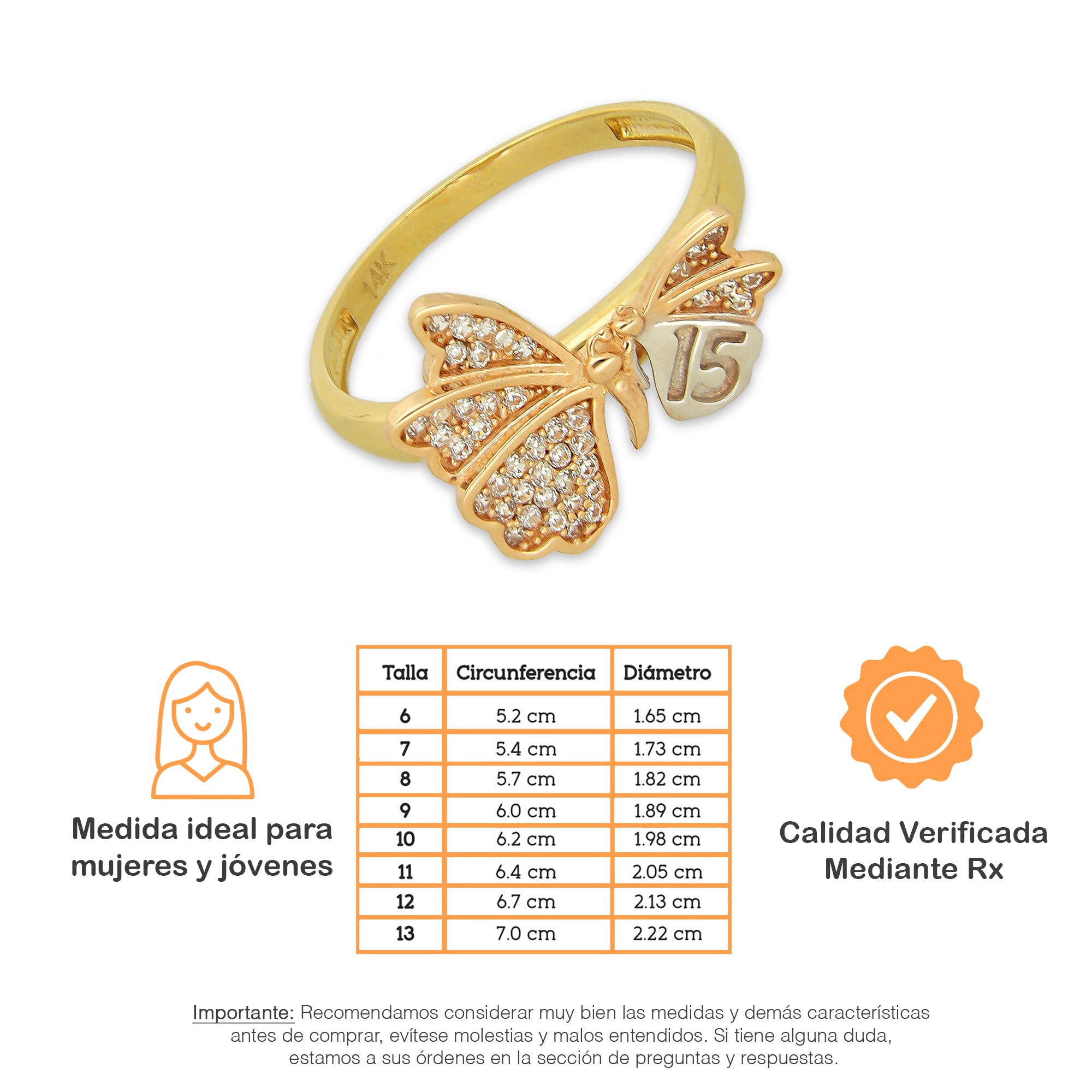 MR14AD045 Anillo Dama Oro Sólido 14K Modelo XV Años Mariposa