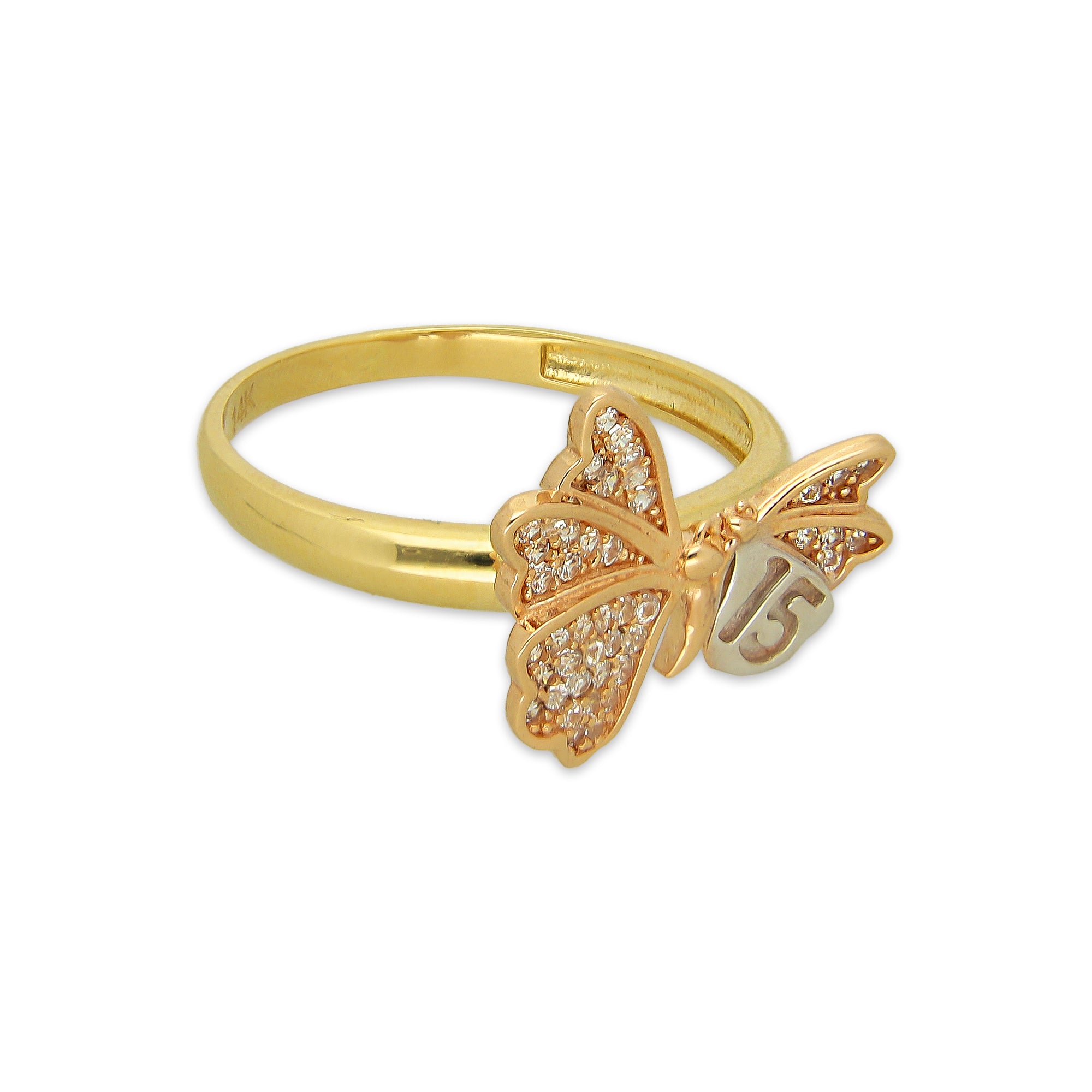MR14AD045 Anillo Dama Oro Sólido 14K Modelo XV Años Mariposa