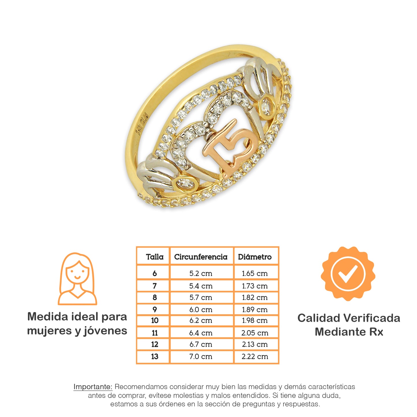 MR14AD047 Anillo Dama Oro Sólido 14K Modelo XV Años Corazón con Zirconias