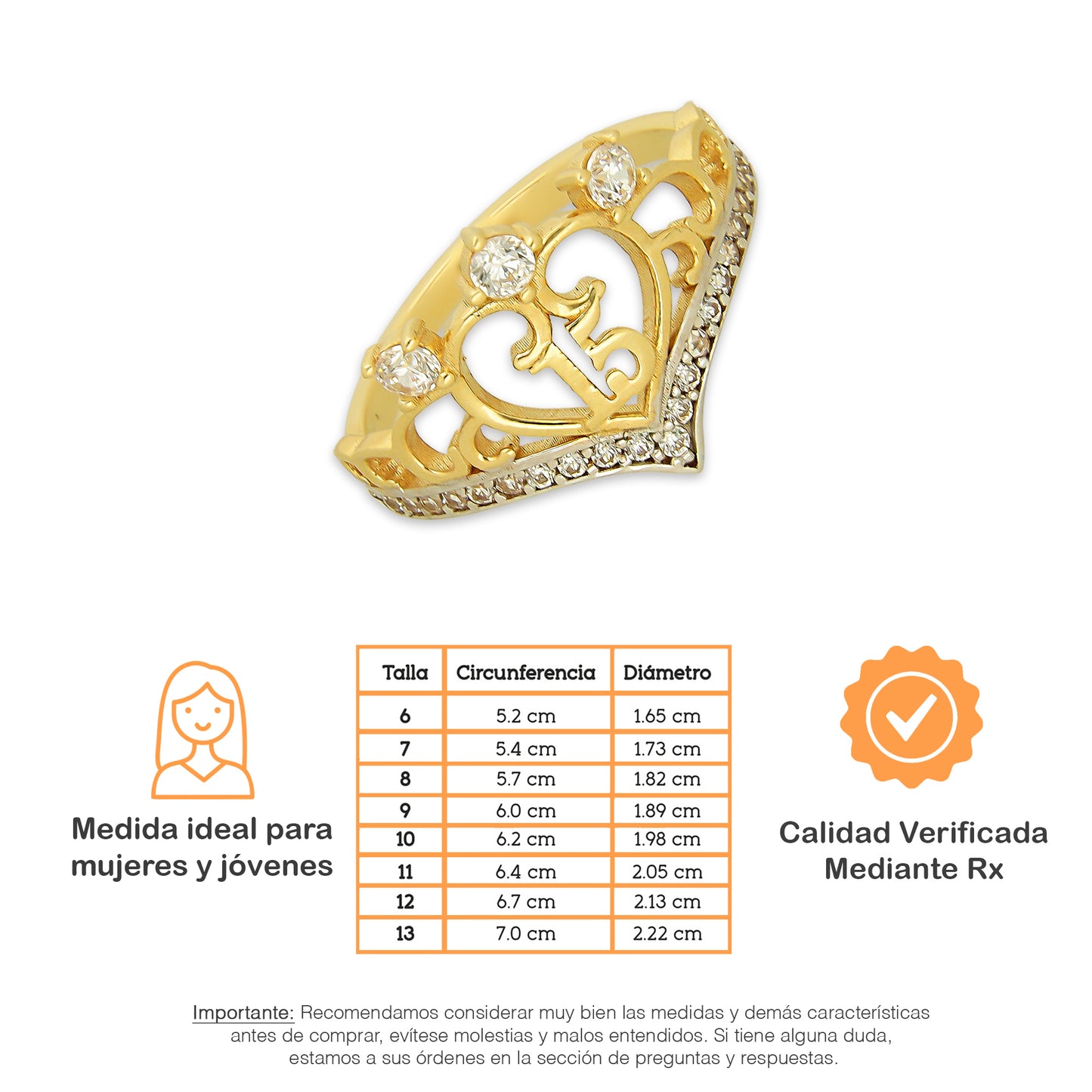 MR14AD048 Anillo Dama Oro Sólido 14K Modelo XV Años 3 Zirconias Superiores