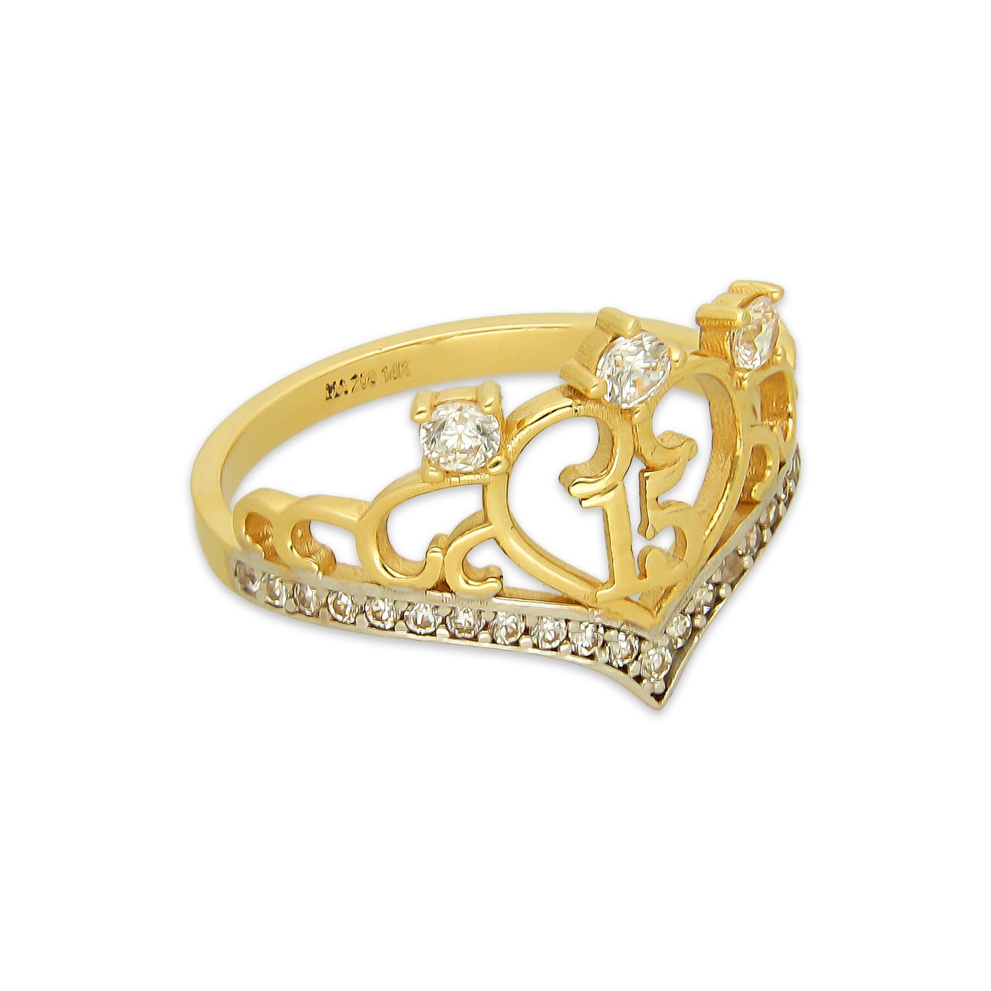 MR14AD048 Anillo Dama Oro Sólido 14K Modelo XV Años 3 Zirconias Superiores