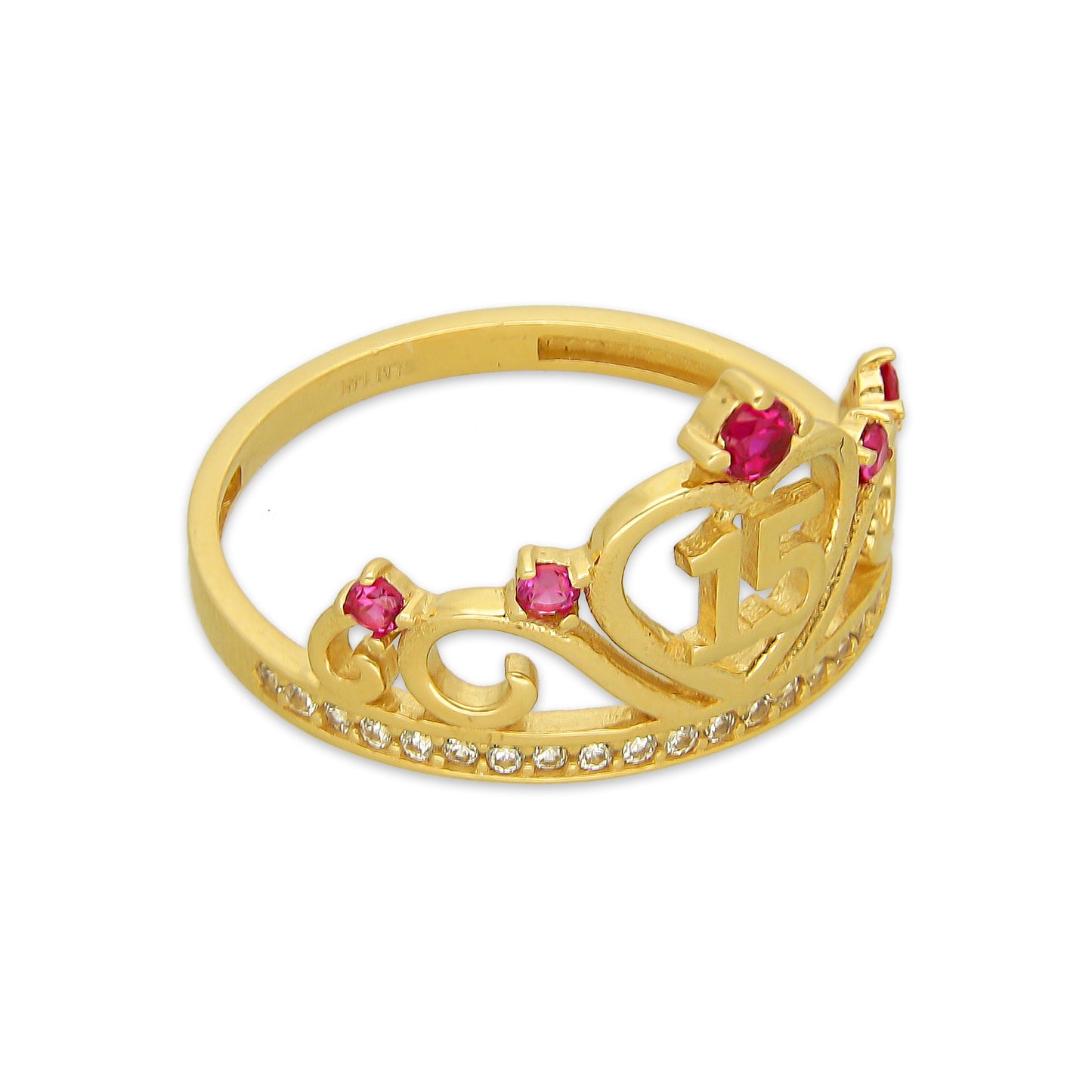 MR14AD049 Anillo Dama Oro Sólido 14K Modelo XV Años con Zirconias Rojas