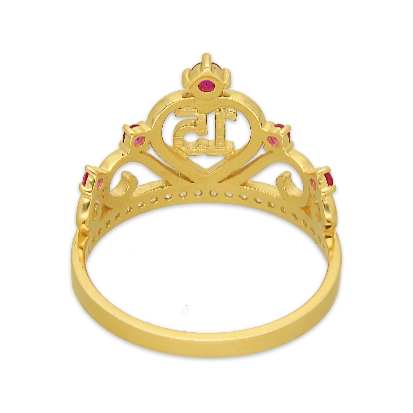 MR14AD049 Anillo Dama Oro Sólido 14K Modelo XV Años con Zirconias Rojas