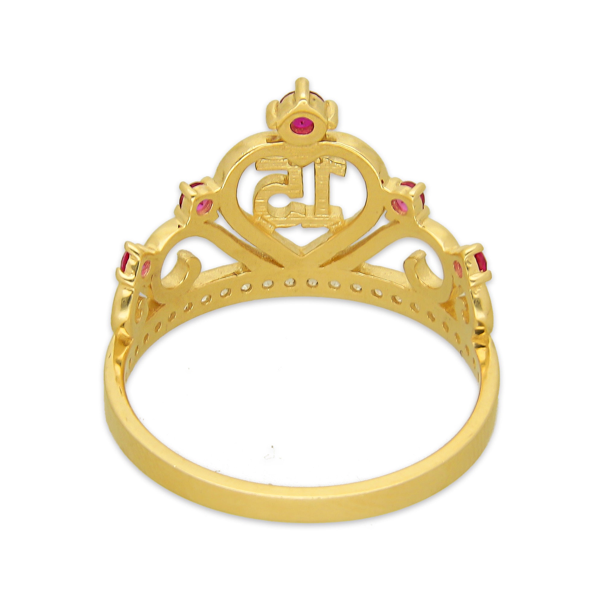 MR14AD049 Anillo Dama Oro Sólido 14K Modelo XV Años con Zirconias Rojas