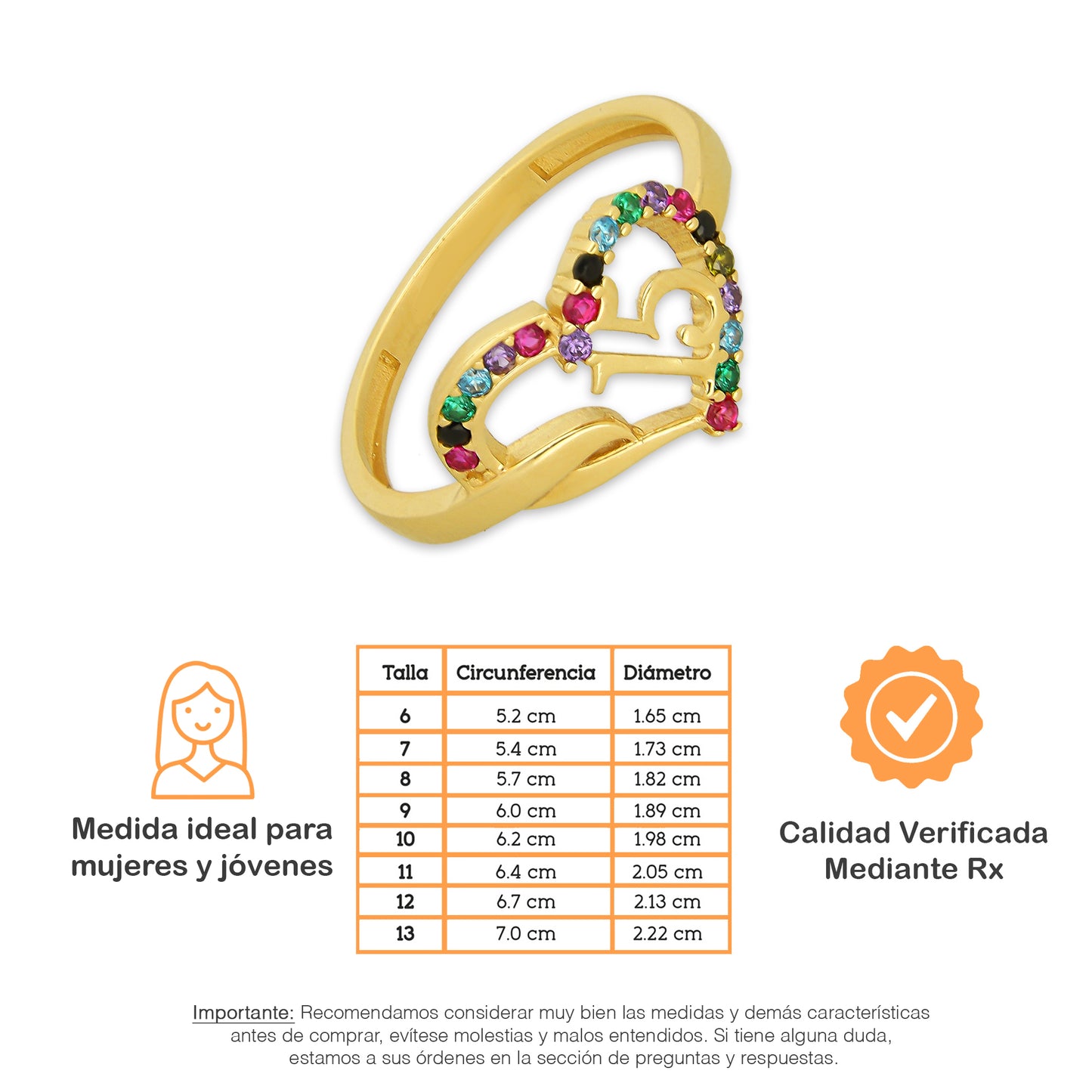 MR14AD050 Anillo Dama Oro Sólido 14K Modelo XV Años Corazón Multicolor