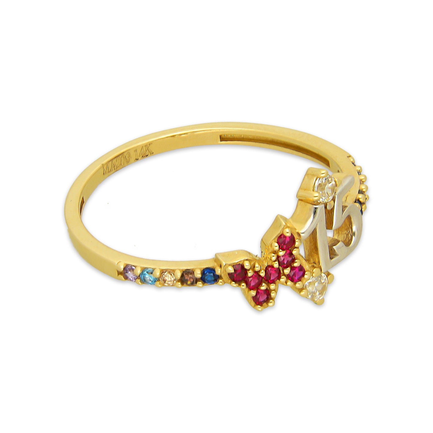 MR14AD051 Anillo Dama Oro Sólido 14K Modelo XV Años Tira Multicolor