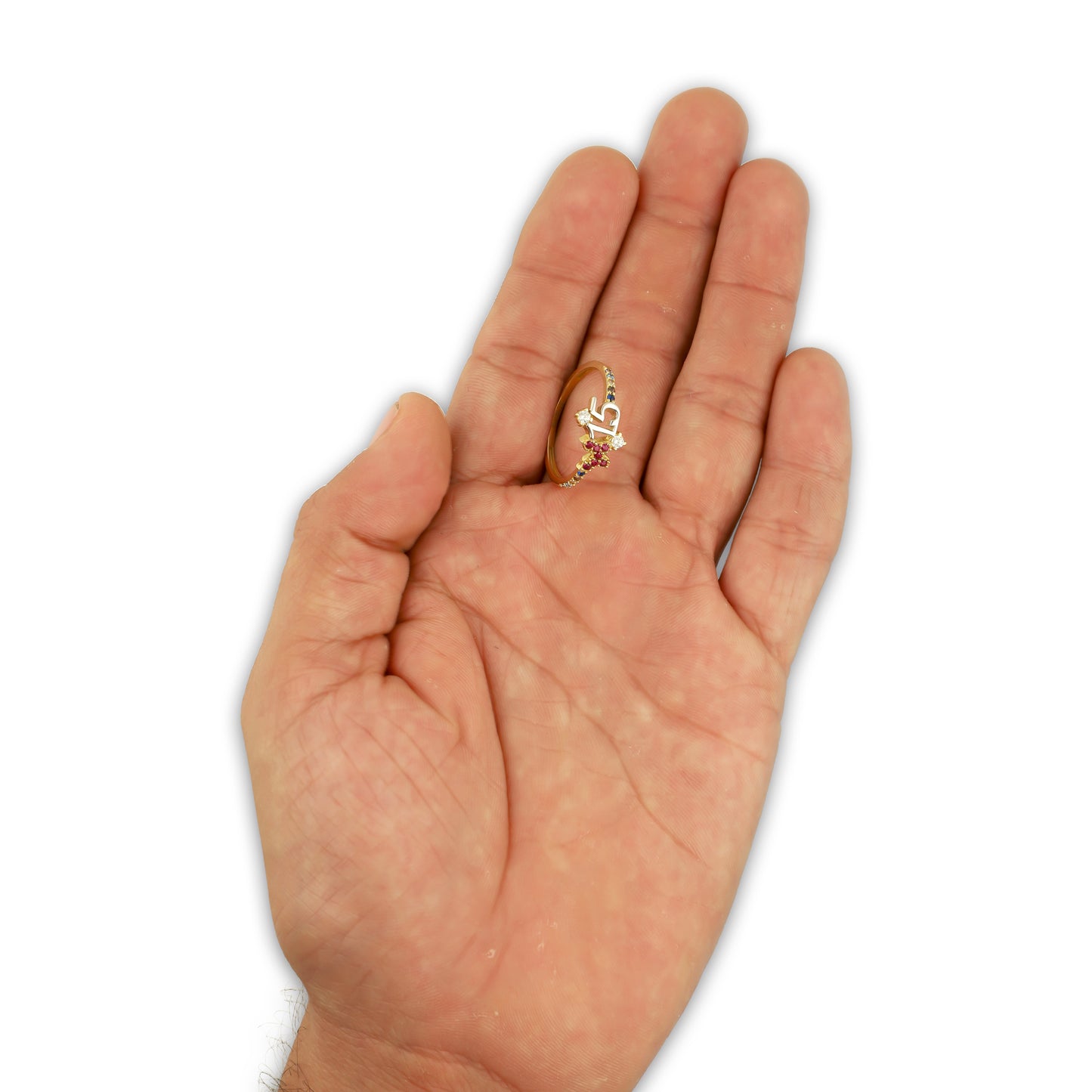 MR14AD051 Anillo Dama Oro Sólido 14K Modelo XV Años Tira Multicolor