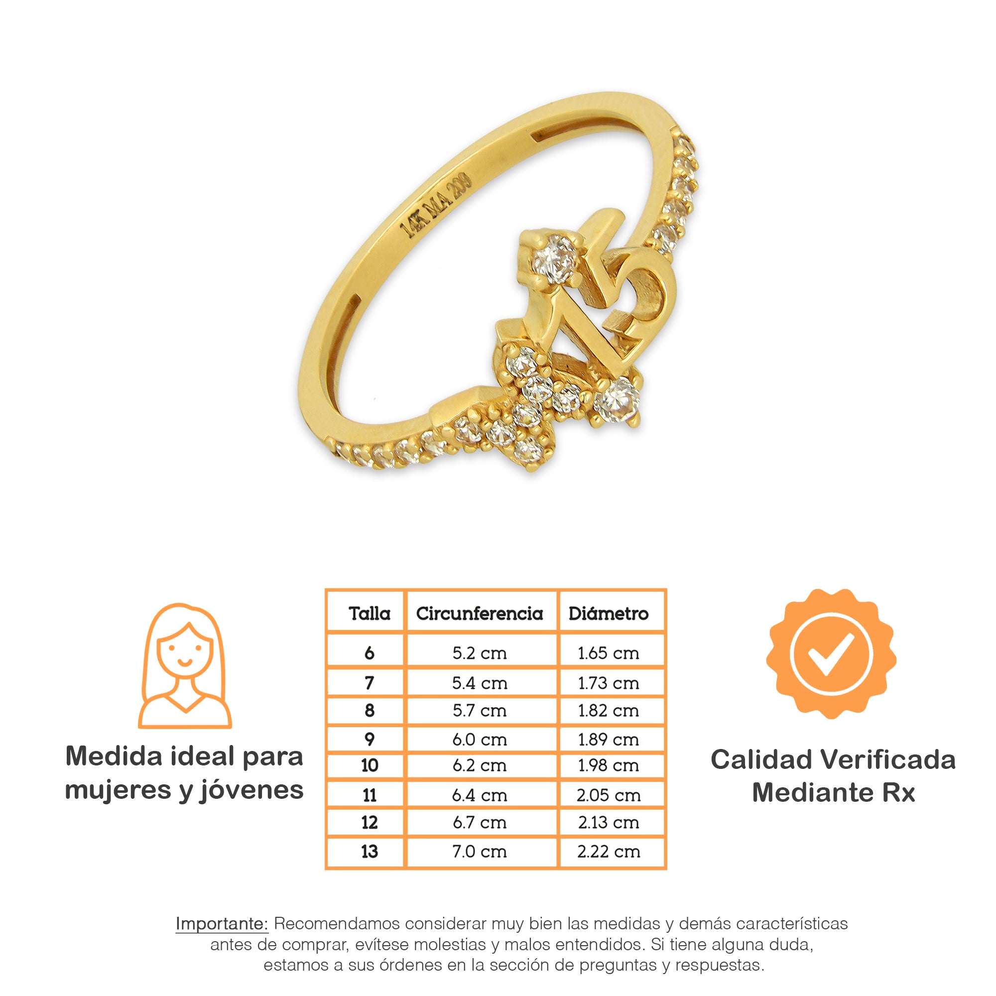 MR14AD052 Anillo Dama Oro Sólido 14K Modelo XV Años Tira Blanca