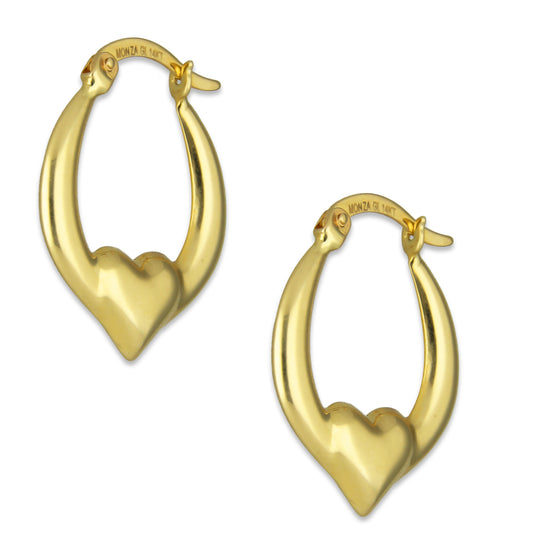 MR14AR007 Arete Arracada Oro Sólido 14K Modelo Bombeada Heart 1.8 cm