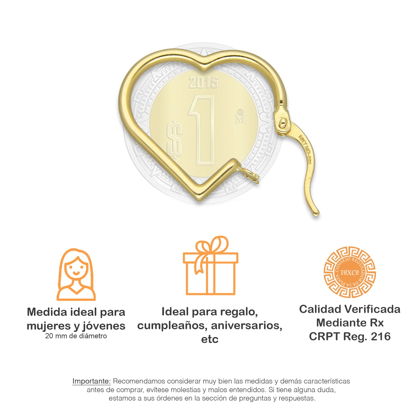 MR14AR010 Arete Arracada Oro Sólido 14K Modelo Corazón Media Caña Liso 2 cm