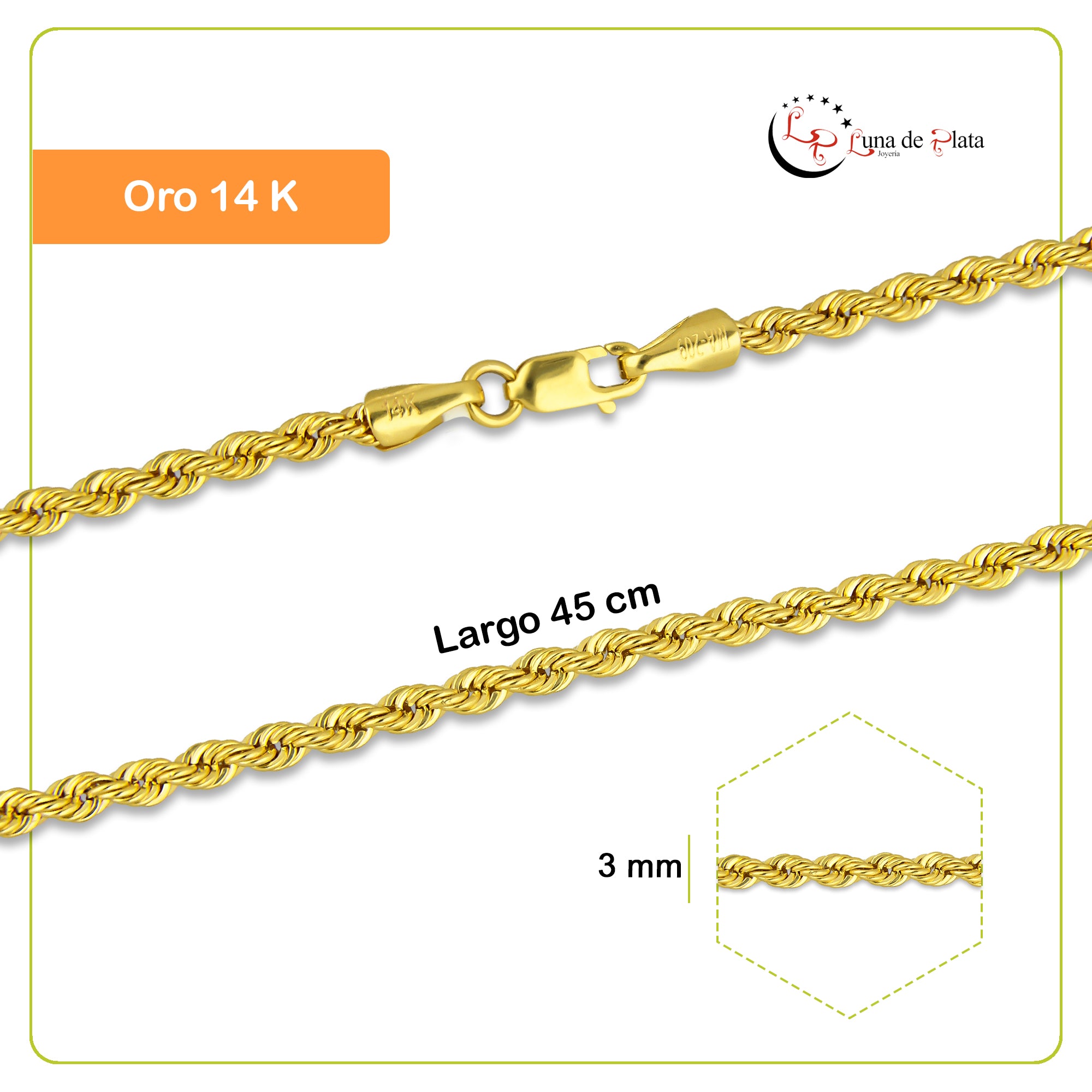 MR14CU022-45 Cadena Oro Sólido 14K EMF14 Modelo Torsal Lisa 3 mm x 45 cm