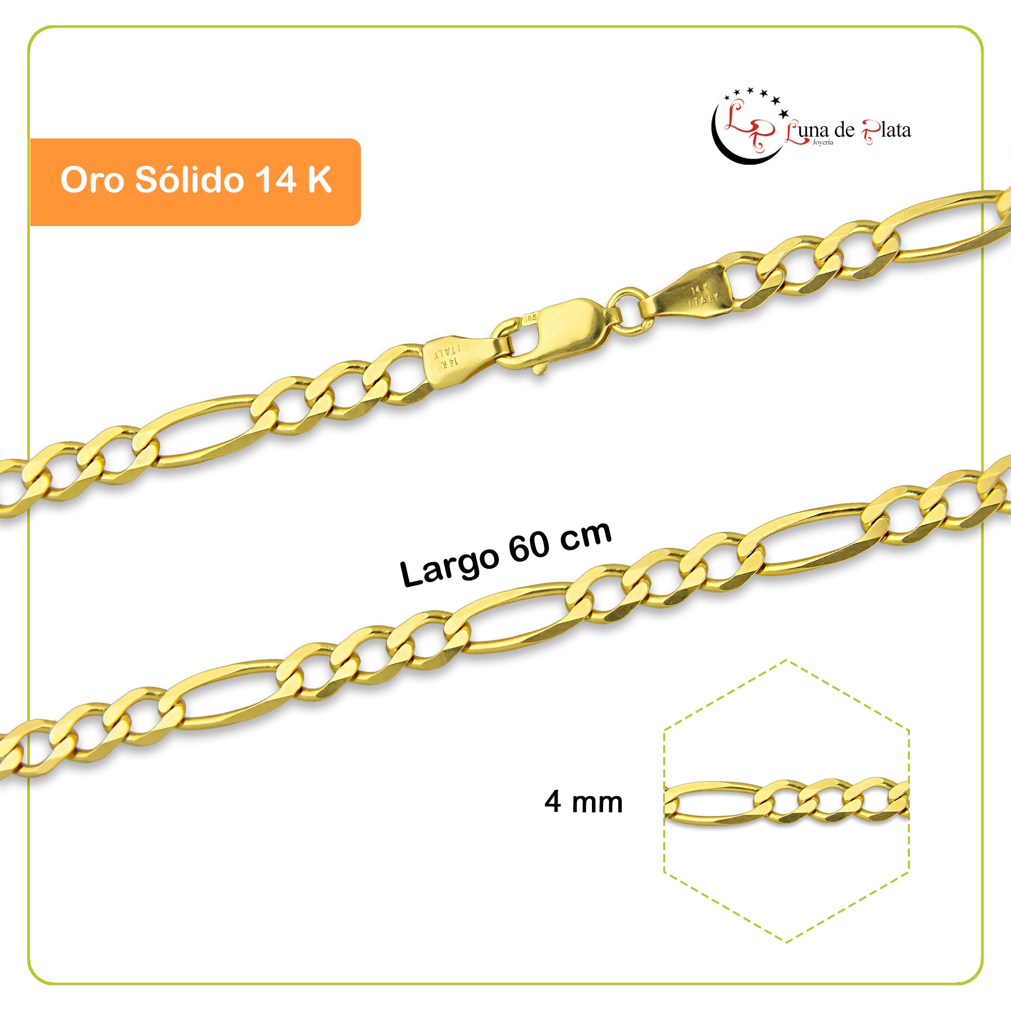 MR14CU029-60 Cadena Oro Sólido 14K Modelo Figaro 3*1 4 mm x 60 cm