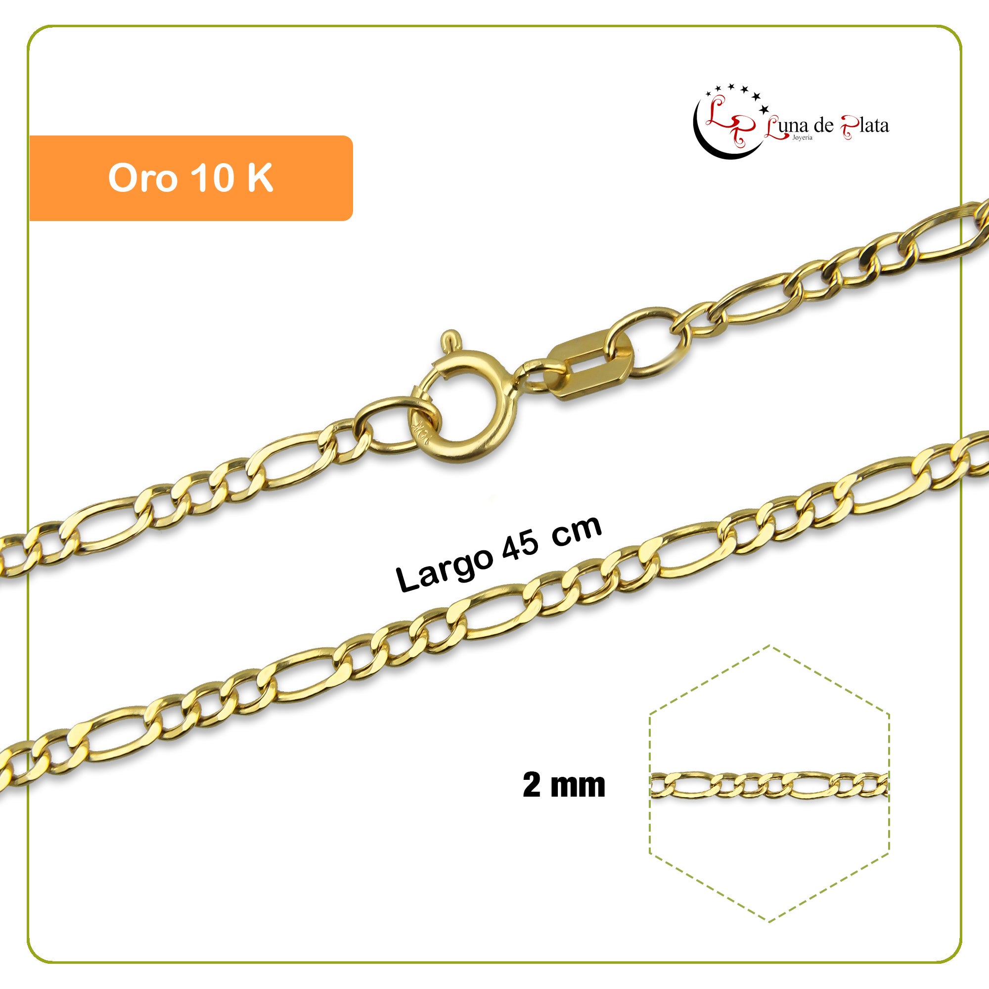 MR10CU030-45 Cadena Oro Sólido 10K EMF10 Modelo Figaro 3*1 2 mm x 45 cm