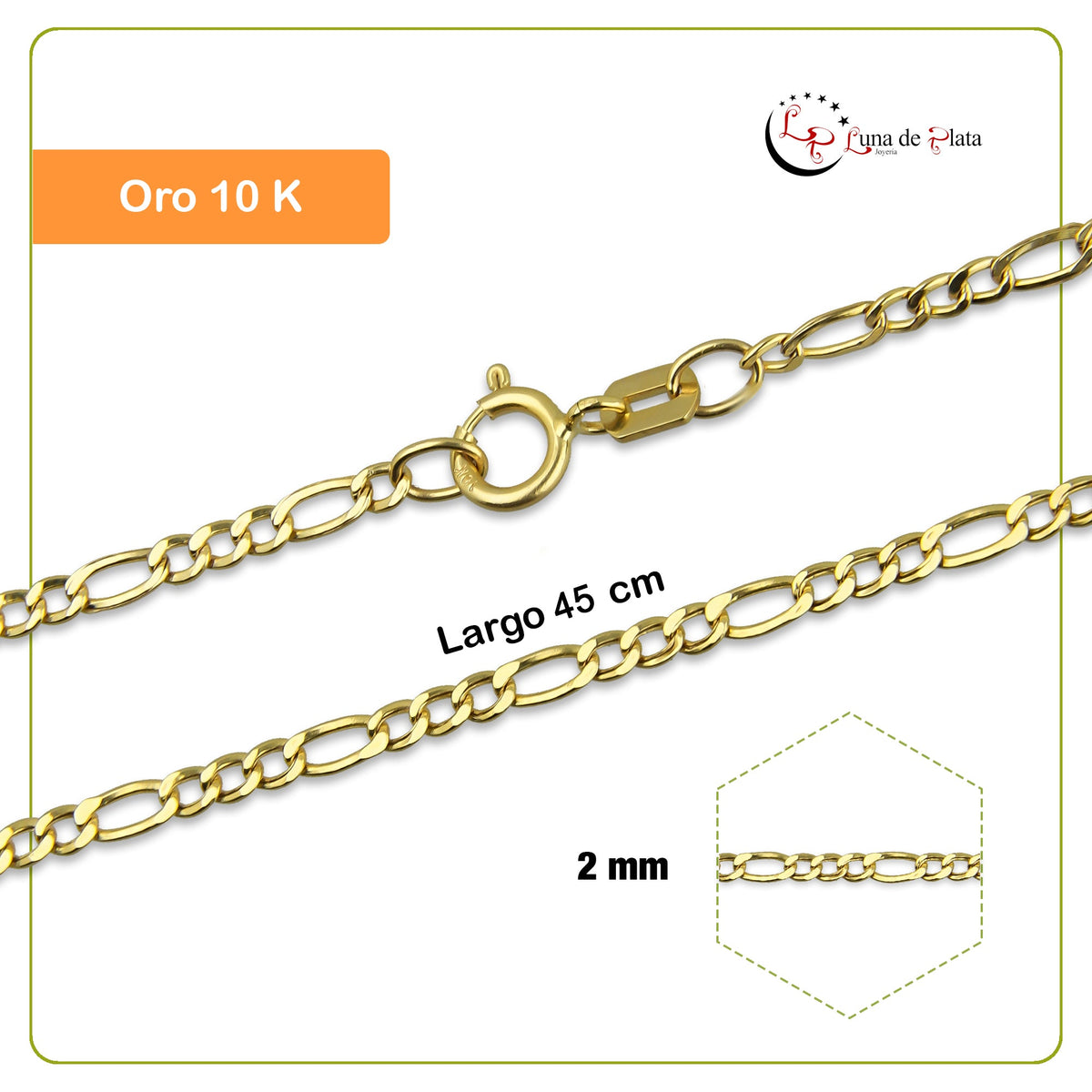 MR10CU030-45 Cadena Oro Sólido 10K EMF10 Modelo Figaro 3*1 2 mm x 45 cm