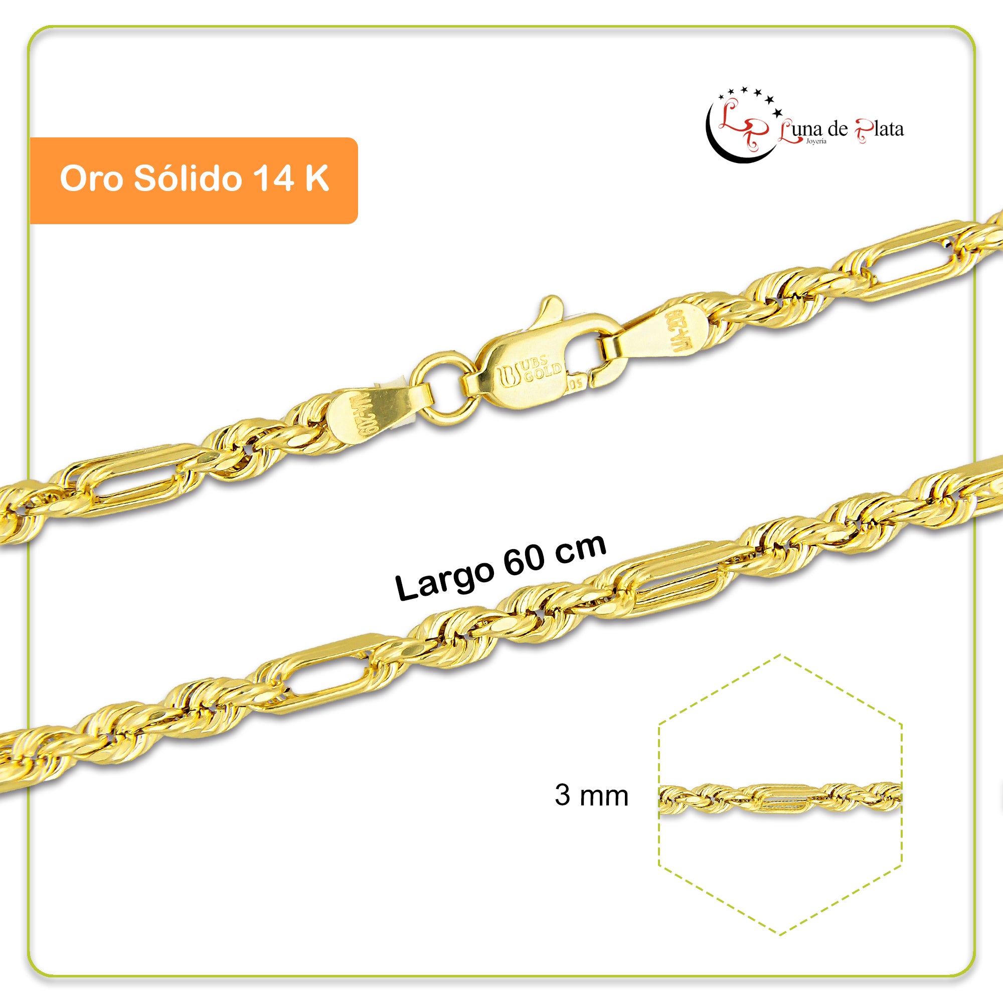 MR14CU048-60 Cadena Oro Sólido 14K EMF14 Modelo Torsal Figaro 3 mm x 60 cm