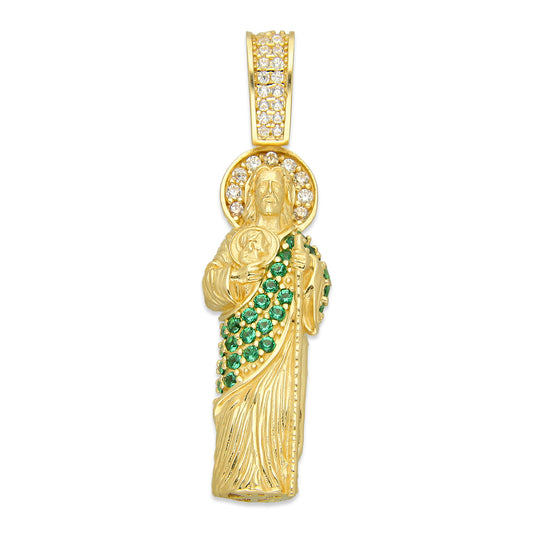 MR14DJ036 Dije Oro Sólido 14K San Judas Cuerpo Completo Manto Con Zirconias Verdes 1 cm x 4 cm