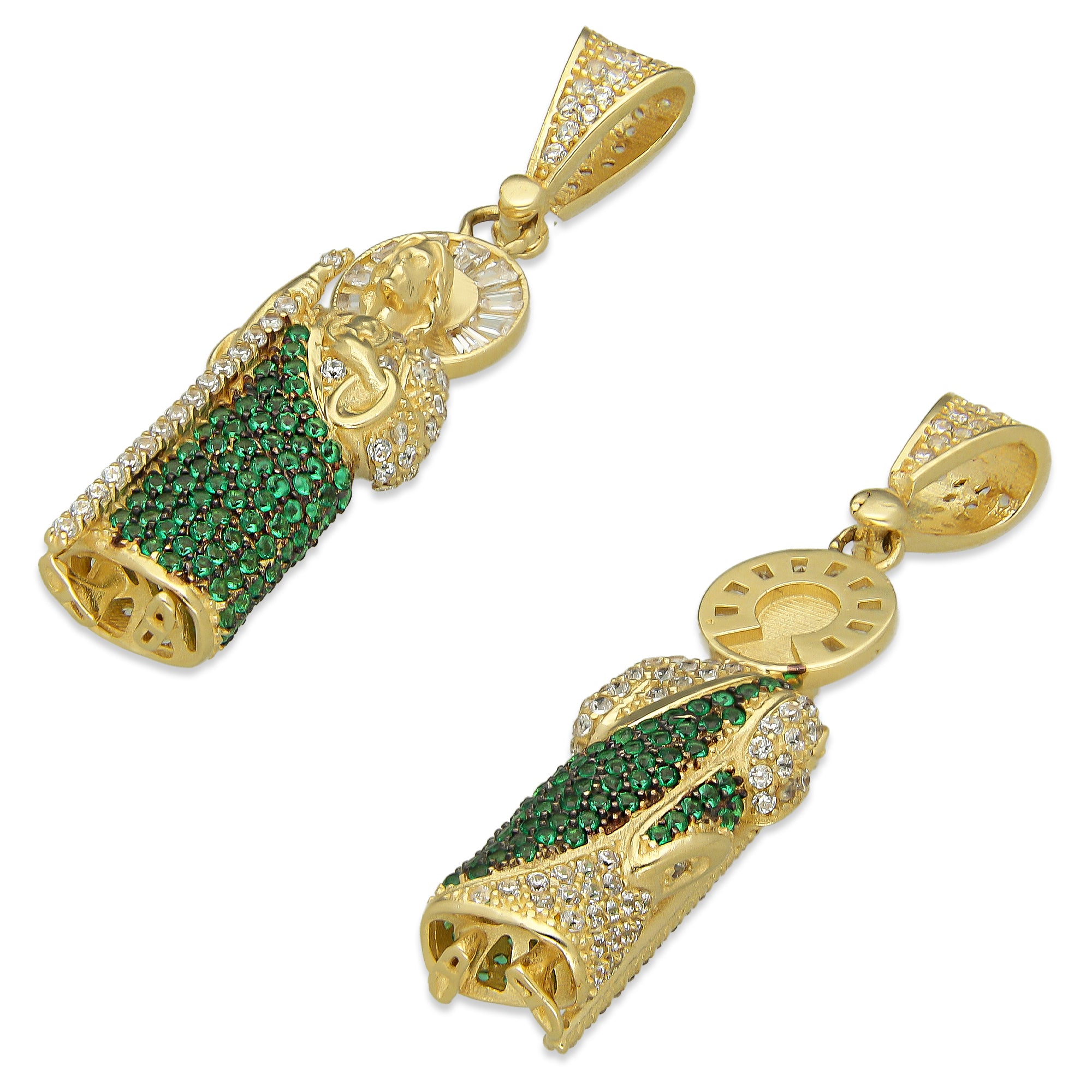 MR14DJ037 Dije Oro Sólido 14K San Judas Cuerpo Completo Manto Con Zirconias Verdes 1.1 cm x 4.5 cm