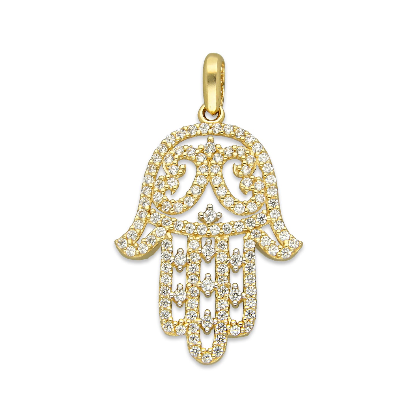 MR14DJ044 Dije Oro Sólido 14K Mano de Fatima con Zirconias 2 cm x 3.3 cm