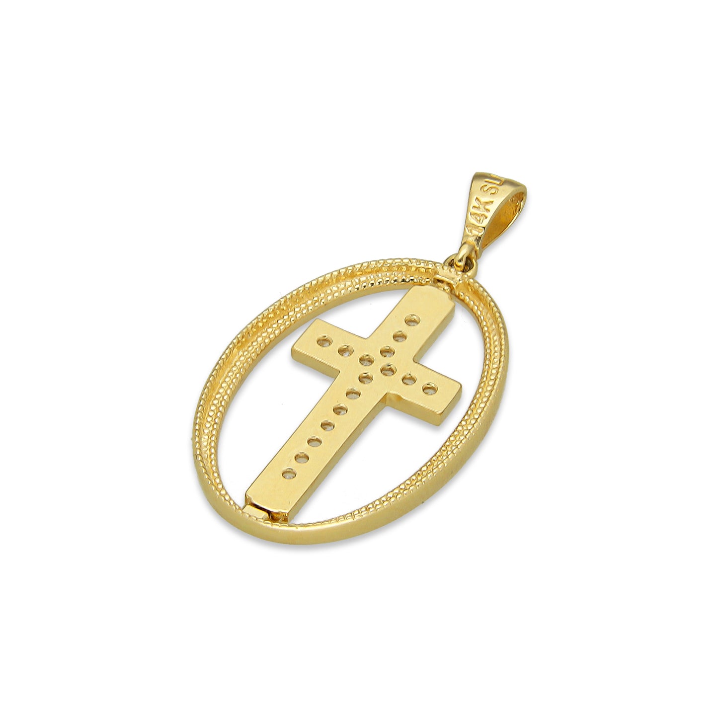 MR14DJ045 Dije Oro Sólido 14K Ovalada Cruz Giratoria con Zirconias 1.6 cm x 3.1 cm