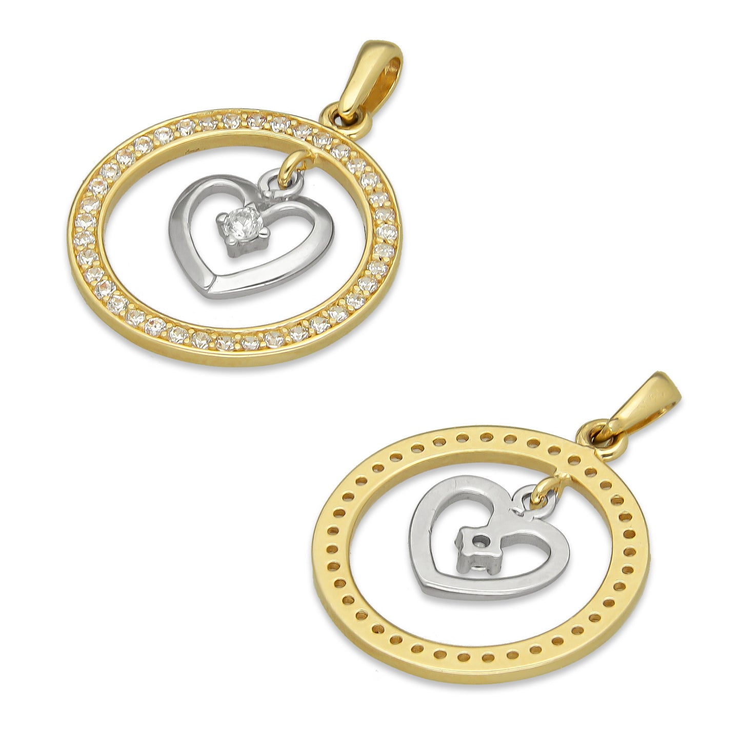 MR14DJ050 Dije Oro Sólido 14K Círculo Corazón con Zirconias 1.7 cm 2.3 cm