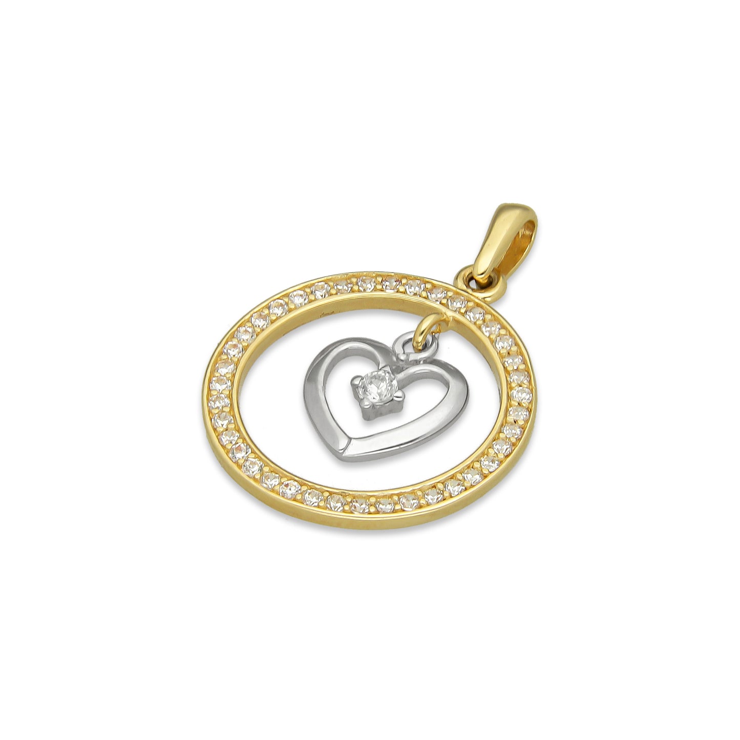 MR14DJ050 Dije Oro Sólido 14K Círculo Corazón con Zirconias 1.7 cm 2.3 cm