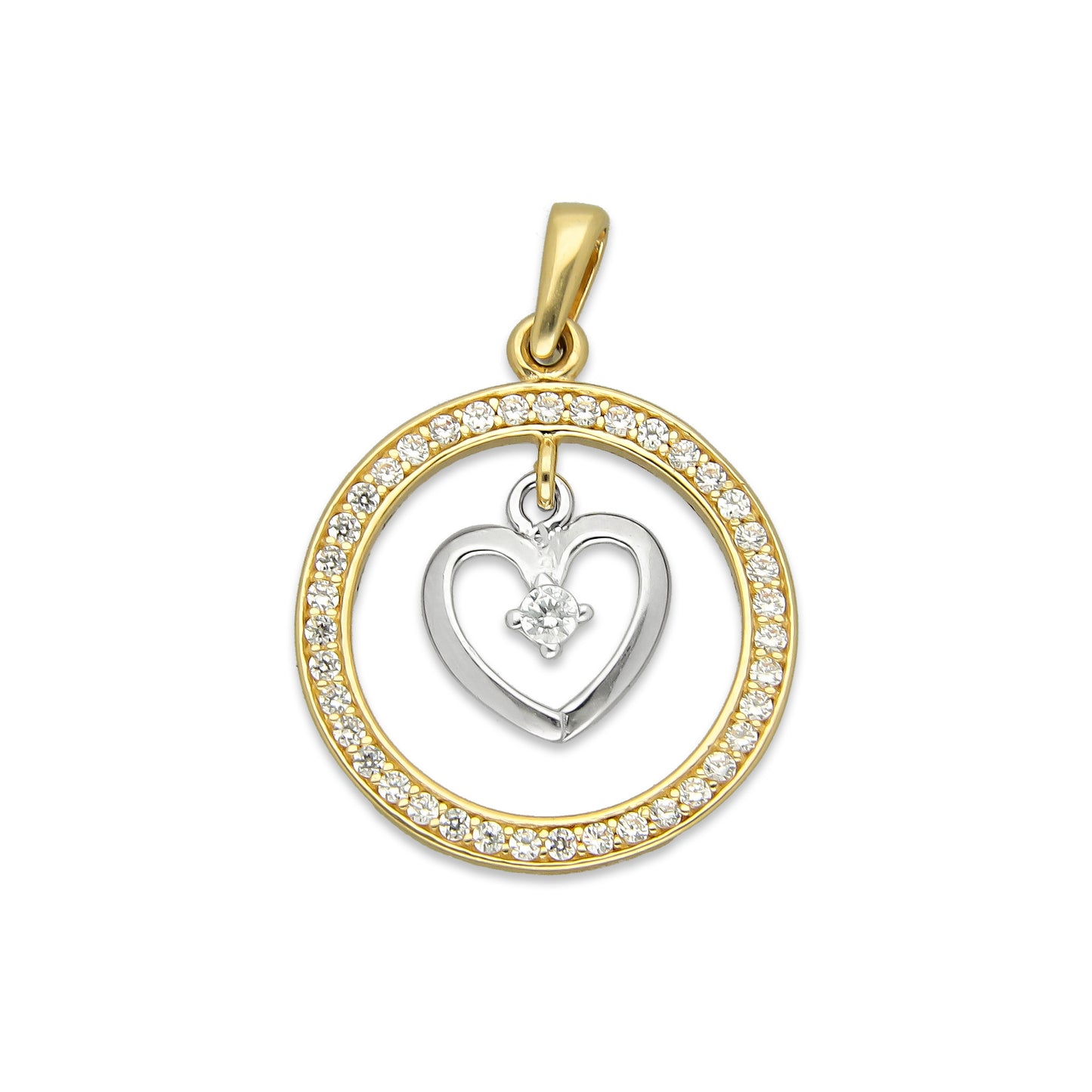 MR14DJ050 Dije Oro Sólido 14K Círculo Corazón con Zirconias 1.7 cm 2.3 cm