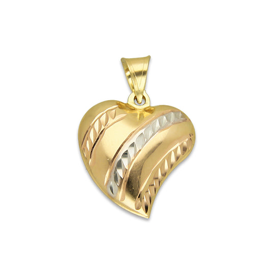 MR14DJ059 Dije Oro Sólido 14K Corazón Bombeado Florentino Diamantado 1.6 cm x 2.3 cm