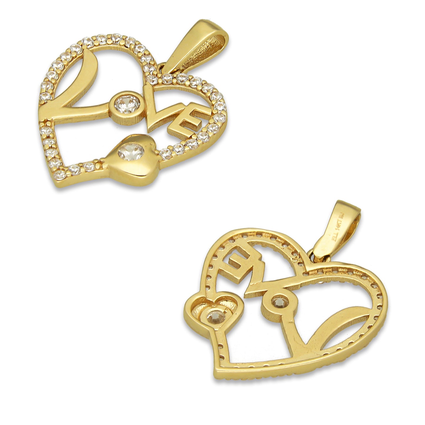 MR14DJ060 Dije Oro Sólido 14K Corazón Silueta Love con Zirconias 1.6 cm x 2.2 cm