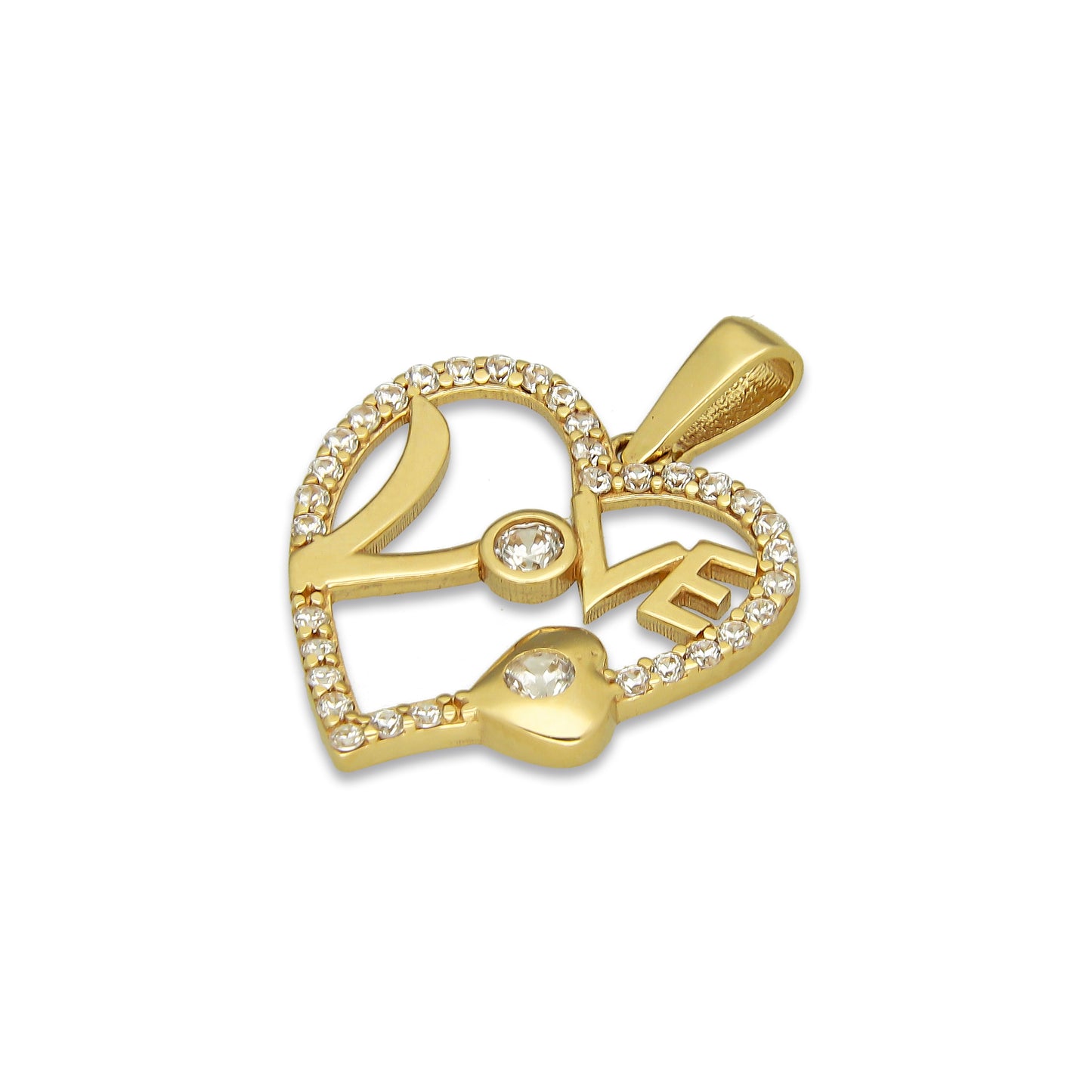 MR14DJ060 Dije Oro Sólido 14K Corazón Silueta Love con Zirconias 1.6 cm x 2.2 cm