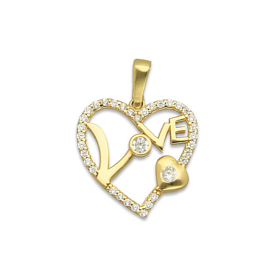 MR14DJ060 Dije Oro Sólido 14K Corazón Silueta Love con Zirconias 1.6 cm x 2.2 cm