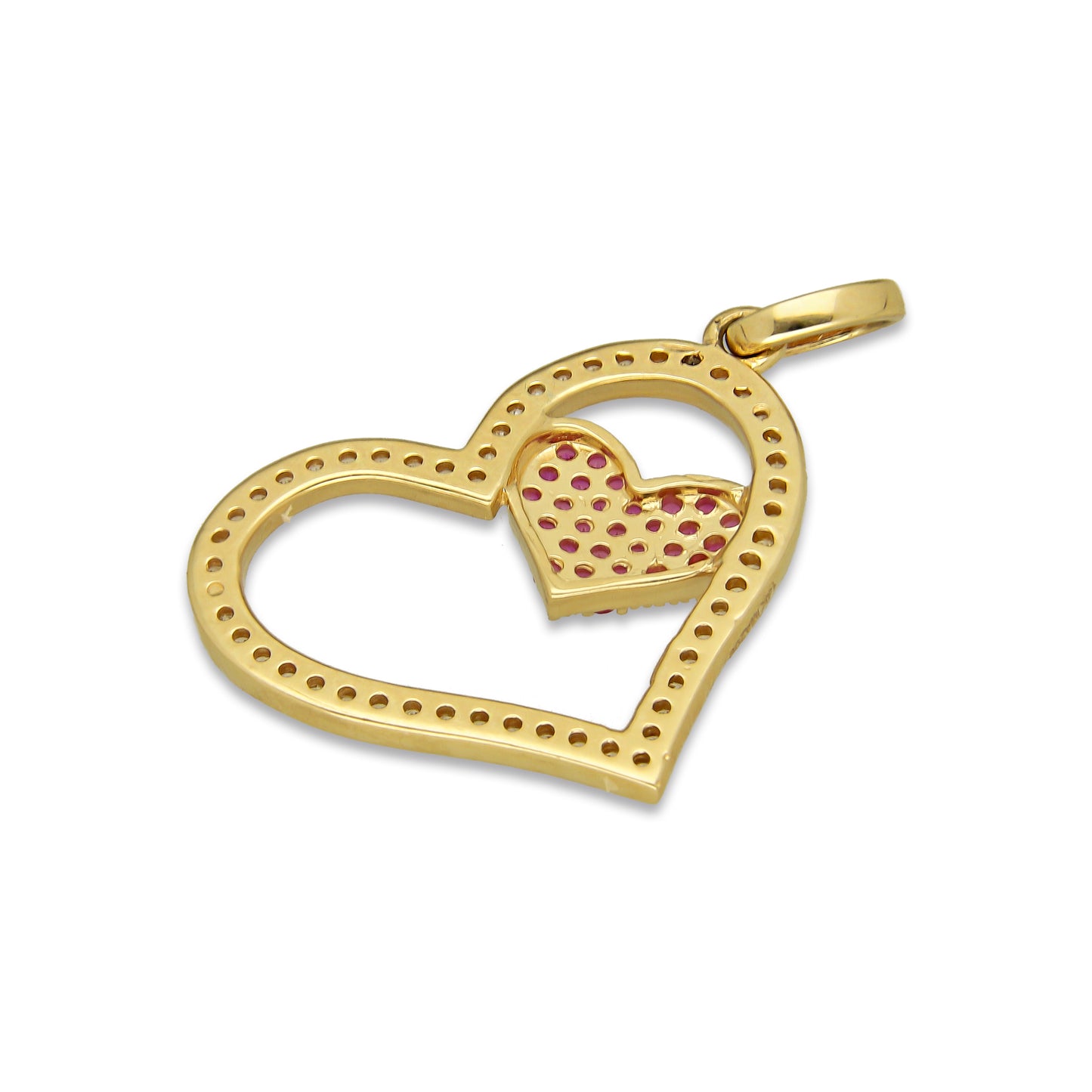 MR14DJ063 Dije Oro Sólido 14K Corazón Silueta con Corazón Pequeño Rosa 2.3 cm x 3 cm