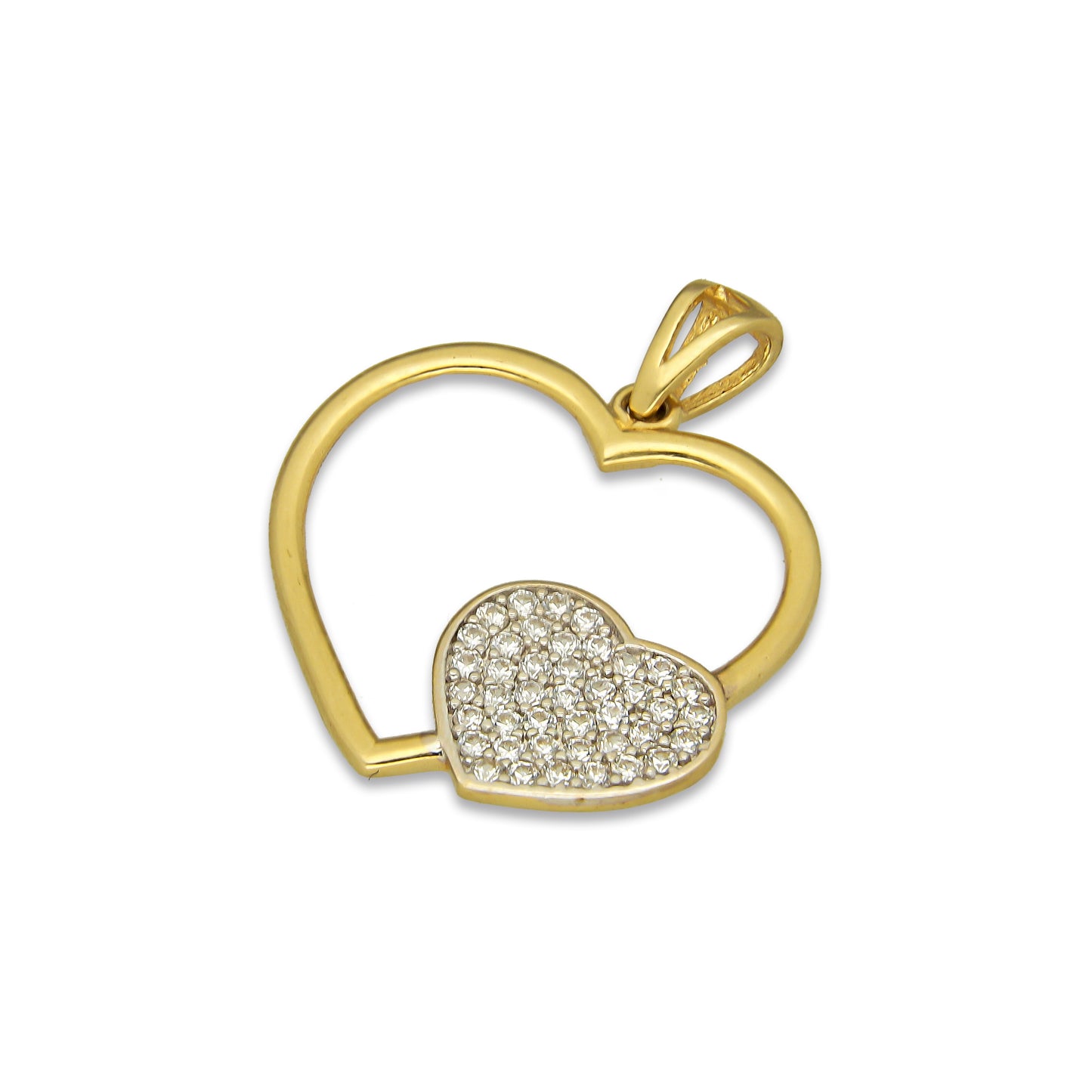 MR14DJ064 Dije Oro Sólido 14K Corazón Liso con Corazón Pequeño Pavé 2.2 cm x 2.7 cm