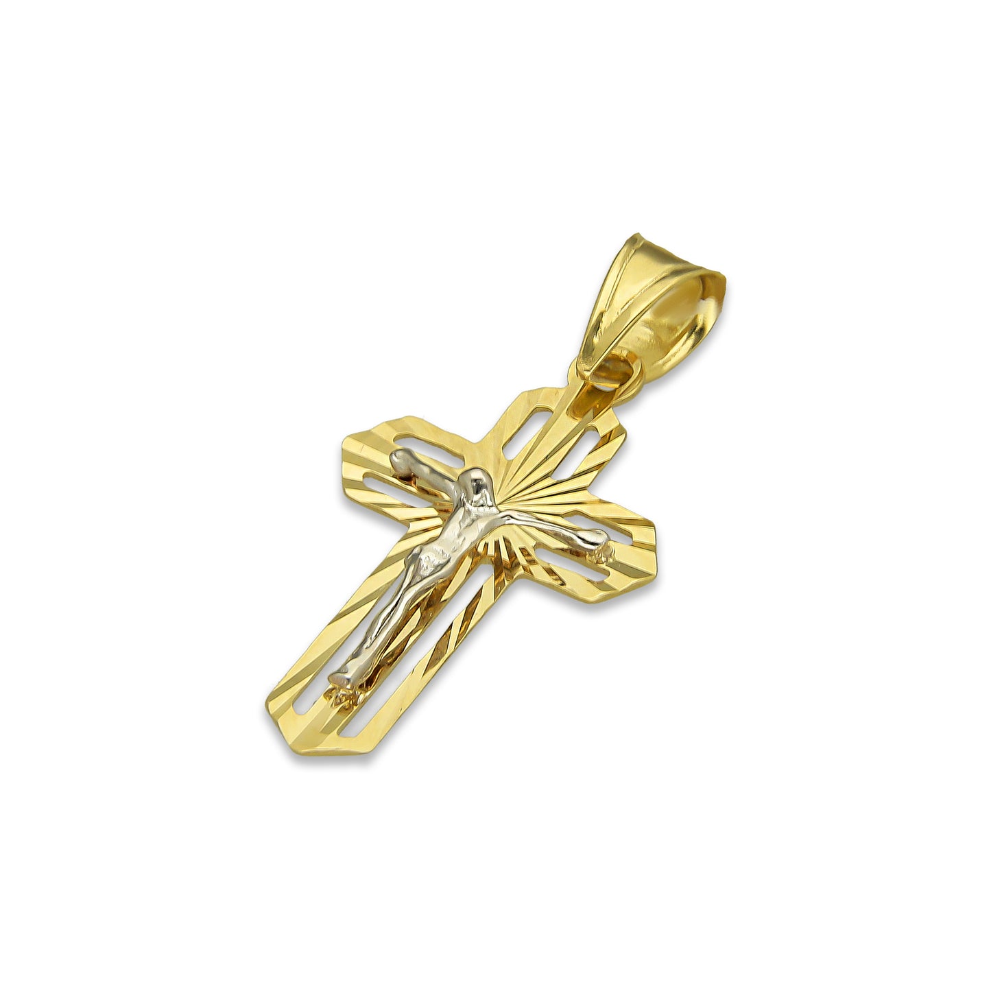 MR14DJ068 Dije Oro Sólido 14K EM14 Crucifijo Cristo Destello 1.4 cm x 3 cm