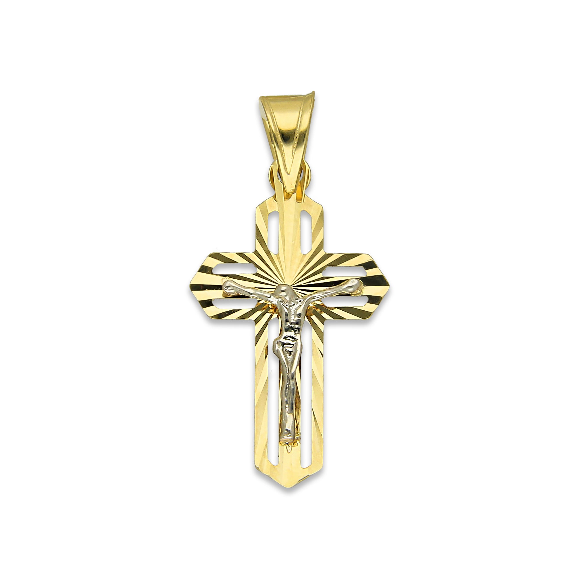 MR14DJ068 Dije Oro Sólido 14K EM14 Crucifijo Cristo Destello 1.4 cm x 3 cm
