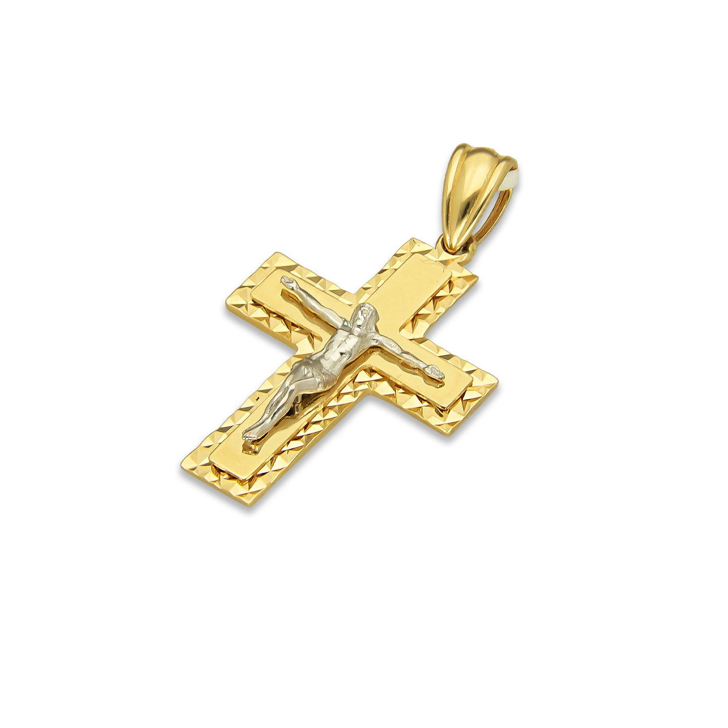 MR14DJ070 Dije Oro Sólido 14K EM14 Crucifijo Cristo Blanco Orilla Diamantada 1.8 cm x 3.2 cm