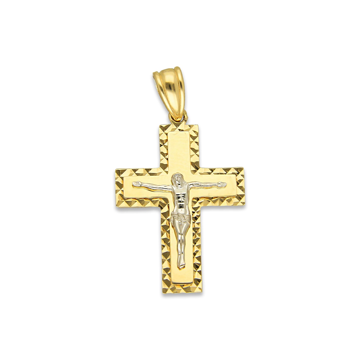 MR14DJ070 Dije Oro Sólido 14K EM14 Crucifijo Cristo Blanco Orilla Diamantada 1.8 cm x 3.2 cm