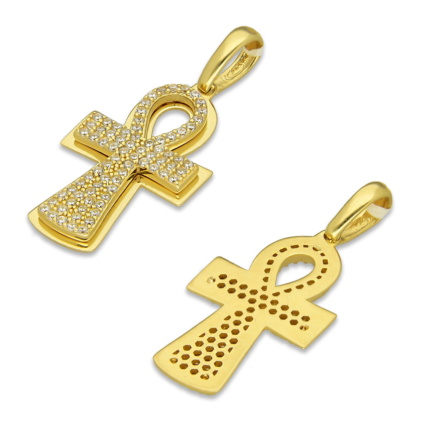 MR14DJ071 Dije Oro Sólido 14K EM14 Cruz Egipcia Pavé 1.6 cm x 3.4 cm