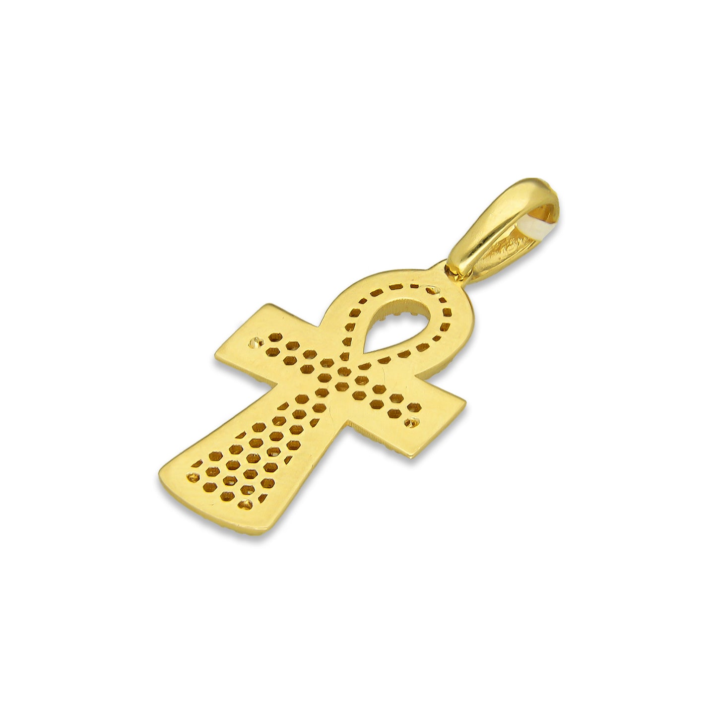 MR14DJ071 Dije Oro Sólido 14K EM14 Cruz Egipcia Pavé 1.6 cm x 3.4 cm