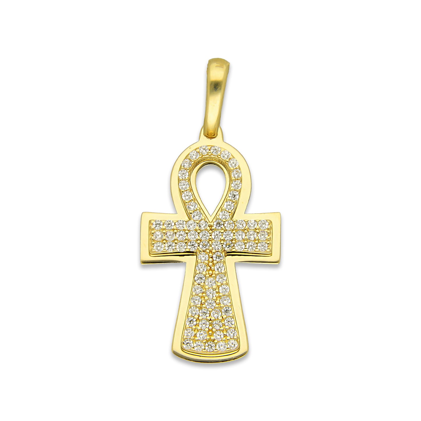 MR14DJ071 Dije Oro Sólido 14K EM14 Cruz Egipcia Pavé 1.6 cm x 3.4 cm