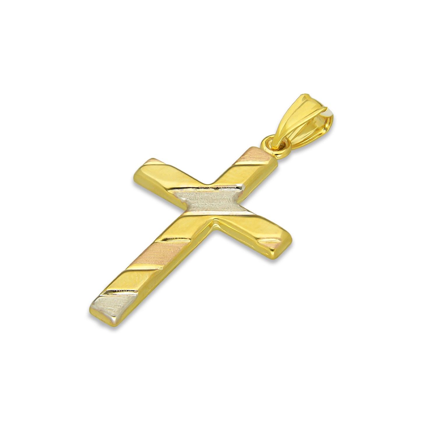 MR14DJ073 Dije Oro Sólido 14K EM14 Crucifijo Líneas Diagonales Florentino 1.9 cm x 3.7 cm