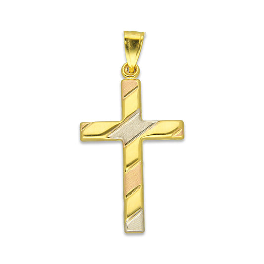 MR14DJ073 Dije Oro Sólido 14K EM14 Crucifijo Líneas Diagonales Florentino 1.9 cm x 3.7 cm