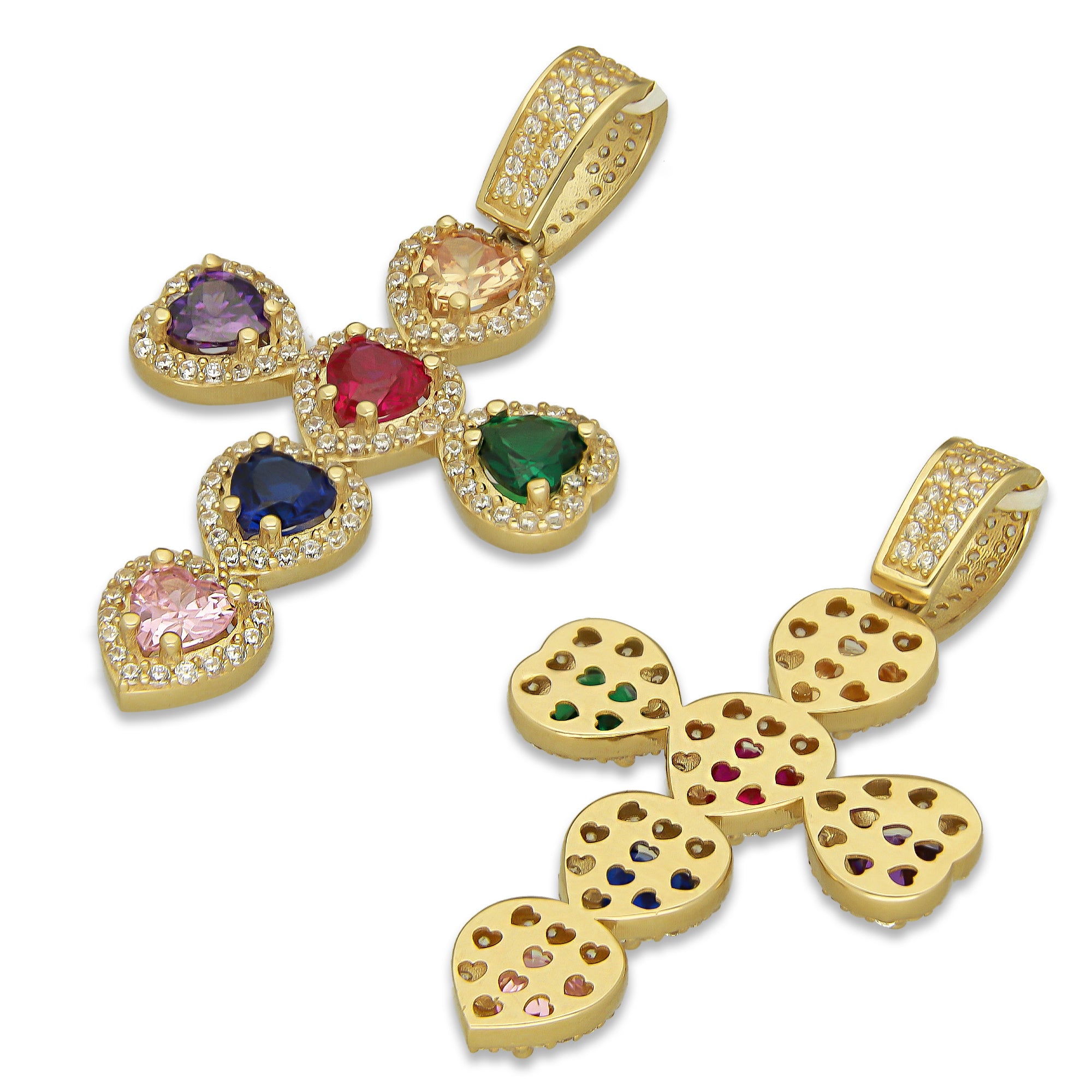 MR14DJ075 Dije Oro Sólido 14K EM14 Crucifijo Corazones Multicolor 2.5 cm x 4.5 cm