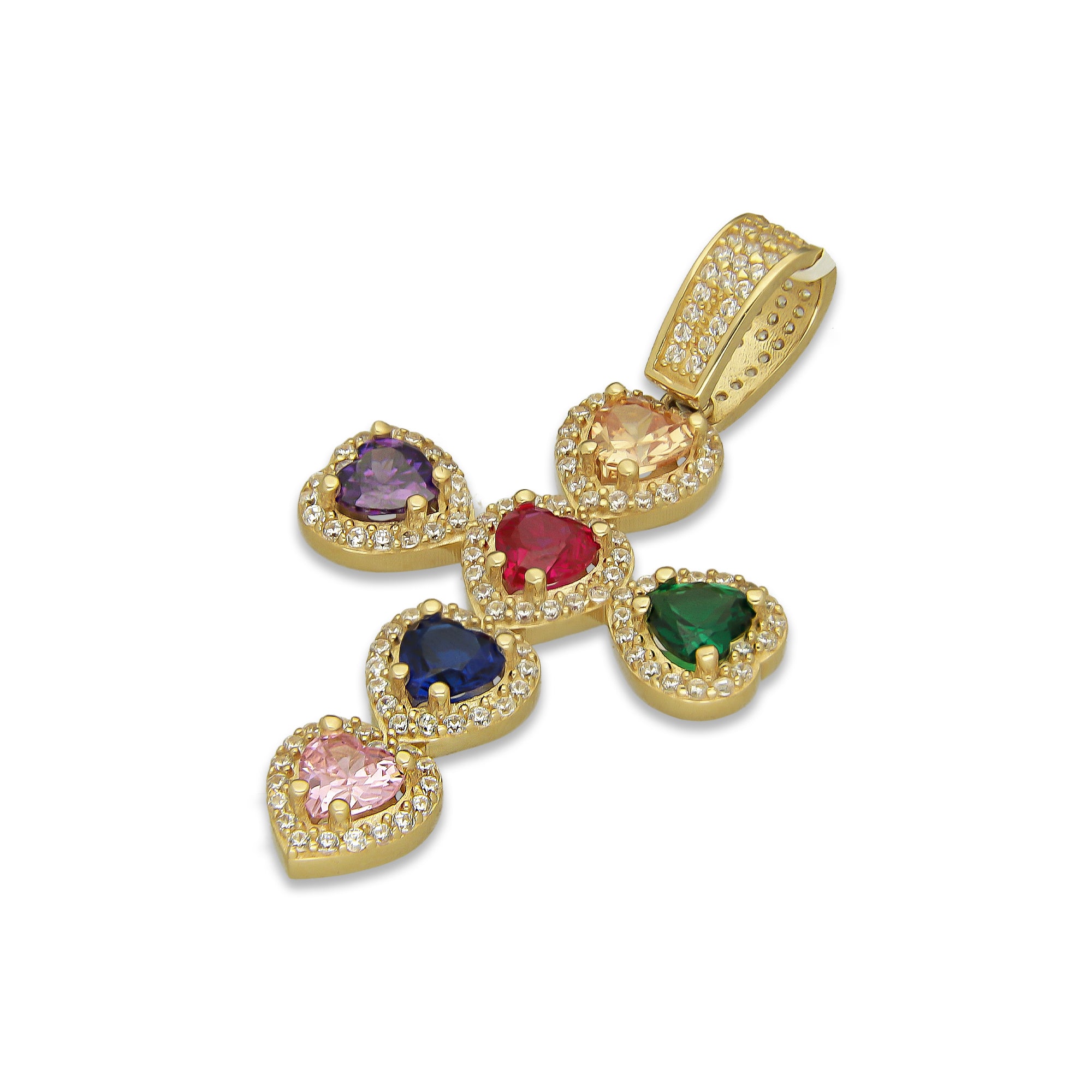 MR14DJ075 Dije Oro Sólido 14K EM14 Crucifijo Corazones Multicolor 2.5 cm x 4.5 cm