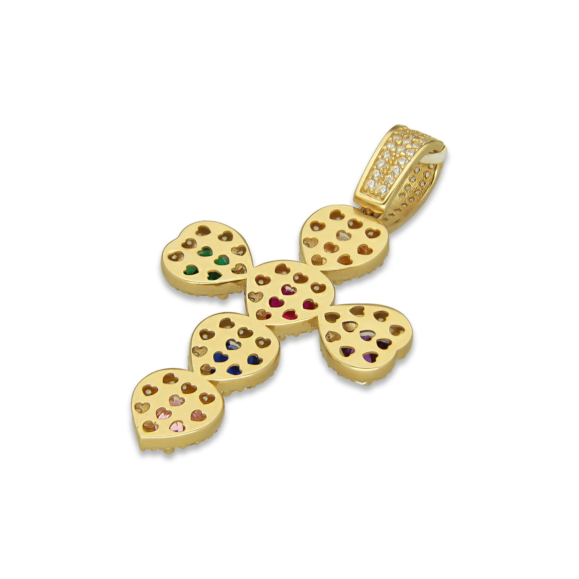 MR14DJ075 Dije Oro Sólido 14K EM14 Crucifijo Corazones Multicolor 2.5 cm x 4.5 cm