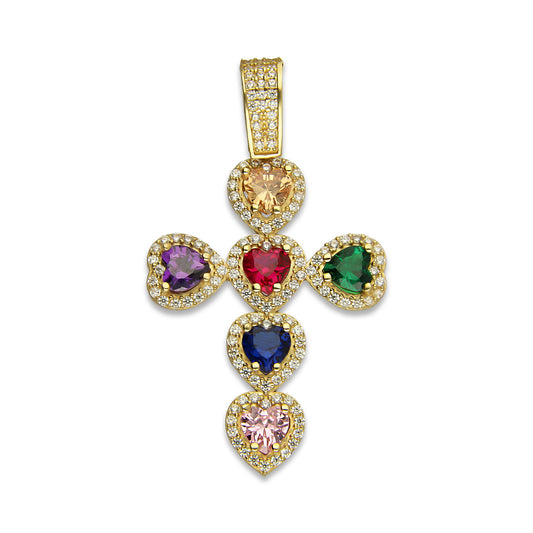 MR14DJ075 Dije Oro Sólido 14K EM14 Crucifijo Corazones Multicolor 2.5 cm x 4.5 cm