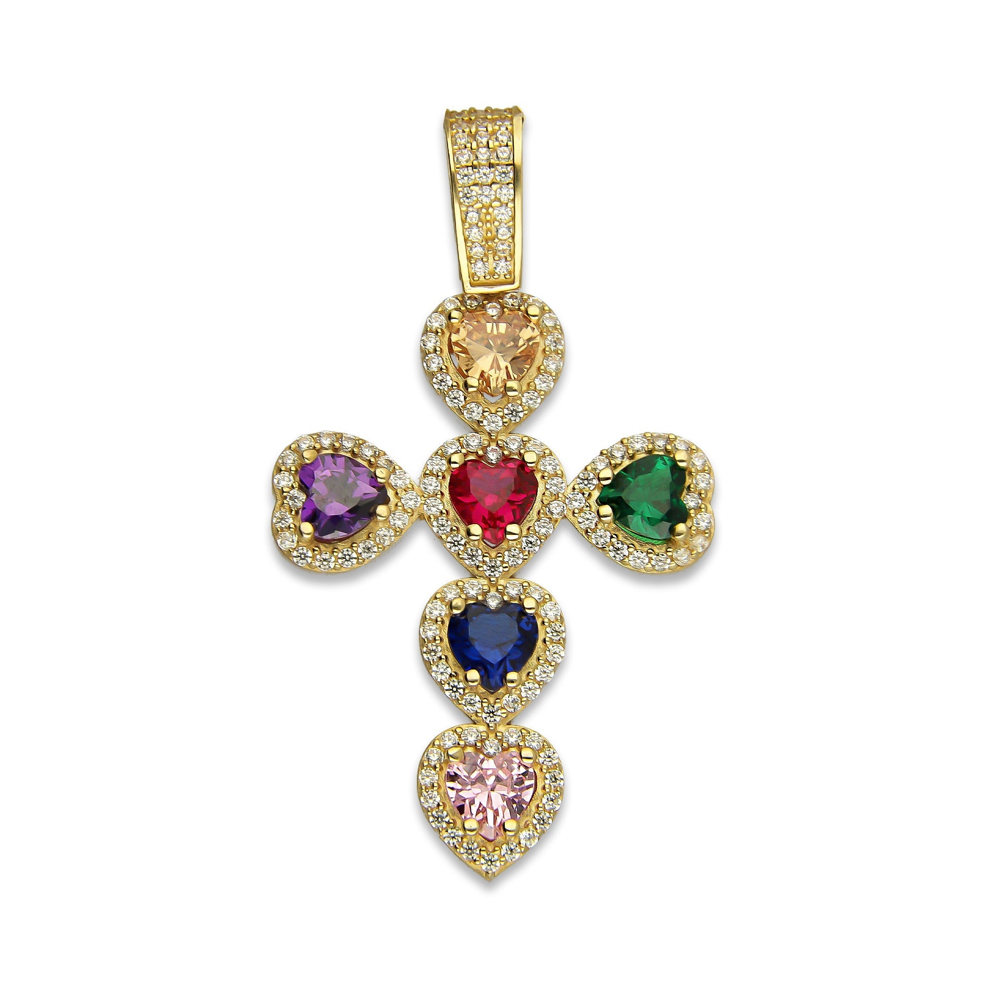 MR14DJ075 Dije Oro Sólido 14K EM14 Crucifijo Corazones Multicolor 2.5 cm x 4.5 cm